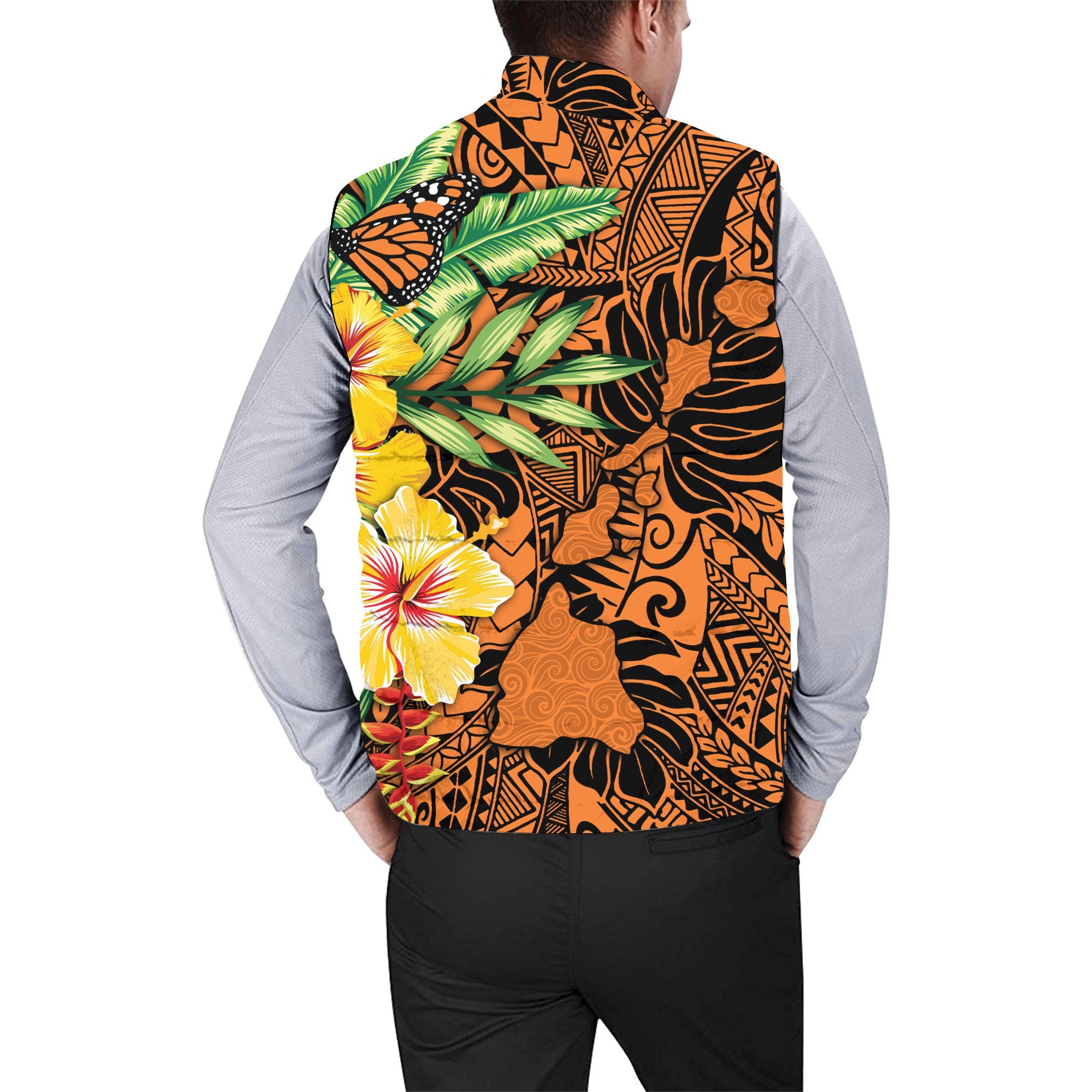 Hawaii Men Padded Jacket Vest Kamehameha Butterfly Tropical Style