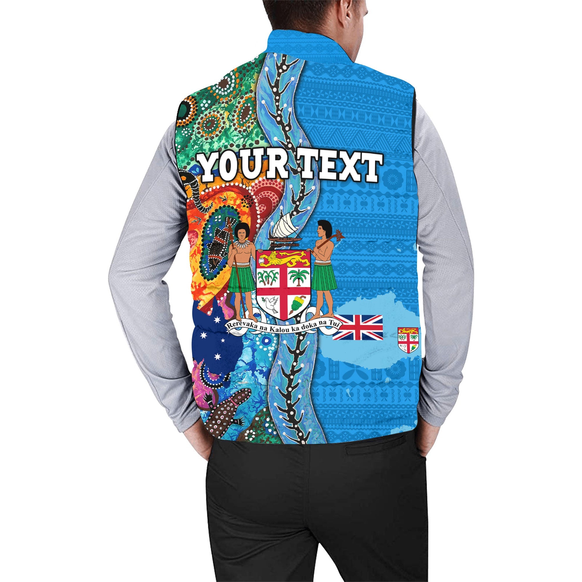 Custom Fiji Tapa & Australia Aboriginal Men Padded Jacket Vest