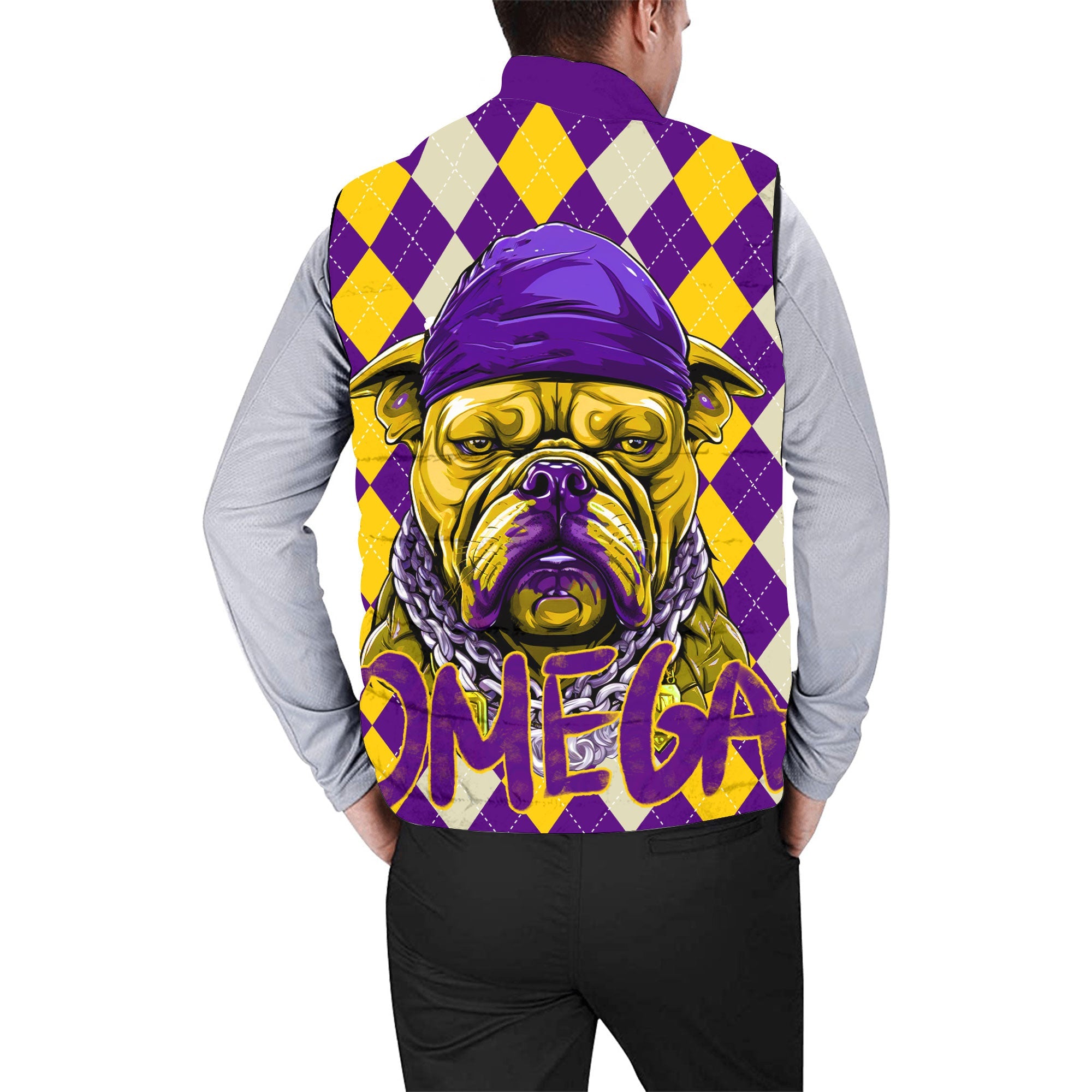 Fraternity Jacket - OPP Christmas Men Padded Jacket Vest Bulldog Purple Gold Caro Pattern Style