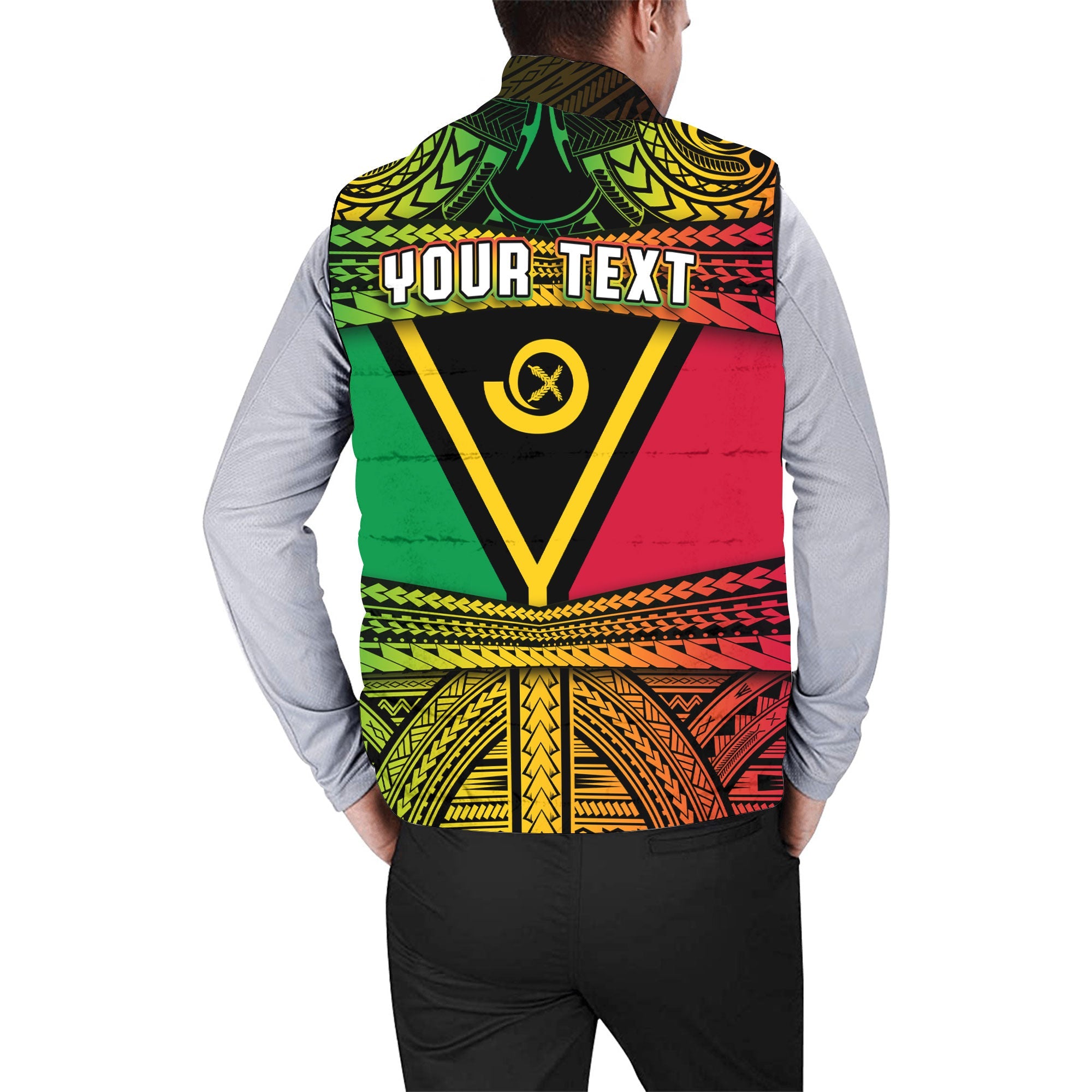 Custom Vanuatu Flag & Coat Of Arms Men Padded Jacket Vest Reggae Style