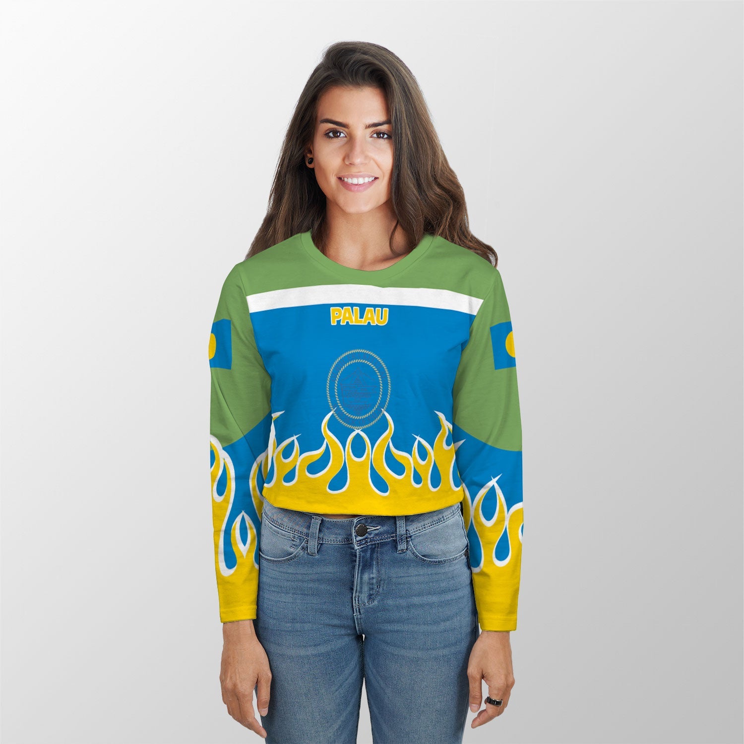 Palau Crop Top Long TShirt Flag & Coat Of Arms Fire Hockey Style