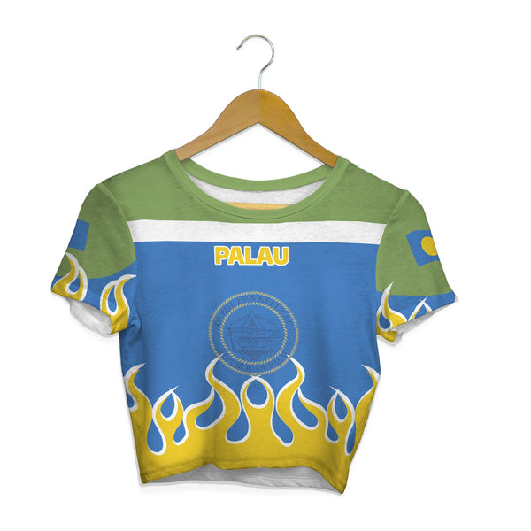 Palau Crop Top T Shirt Flag & Coat Of Arms Fire Hockey Style