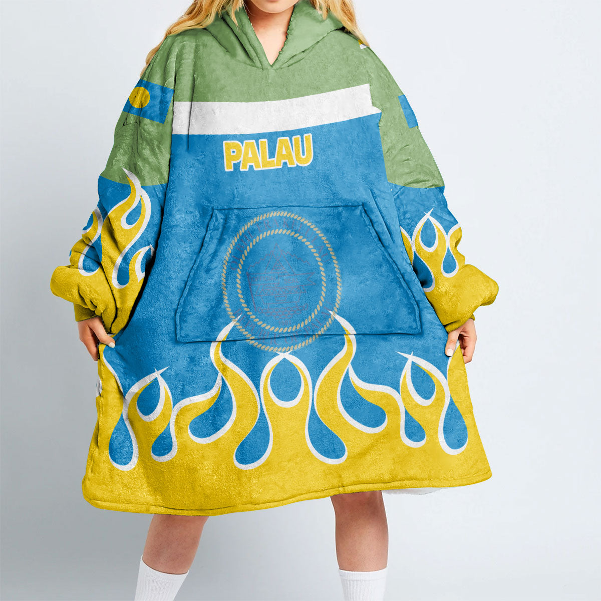 Palau Snug Hoodie Flag & Coat Of Arms Fire Hockey Style