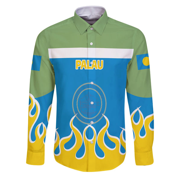 Palau Long Sleeve Button Shirt Flag & Coat Of Arms Fire Hockey Style