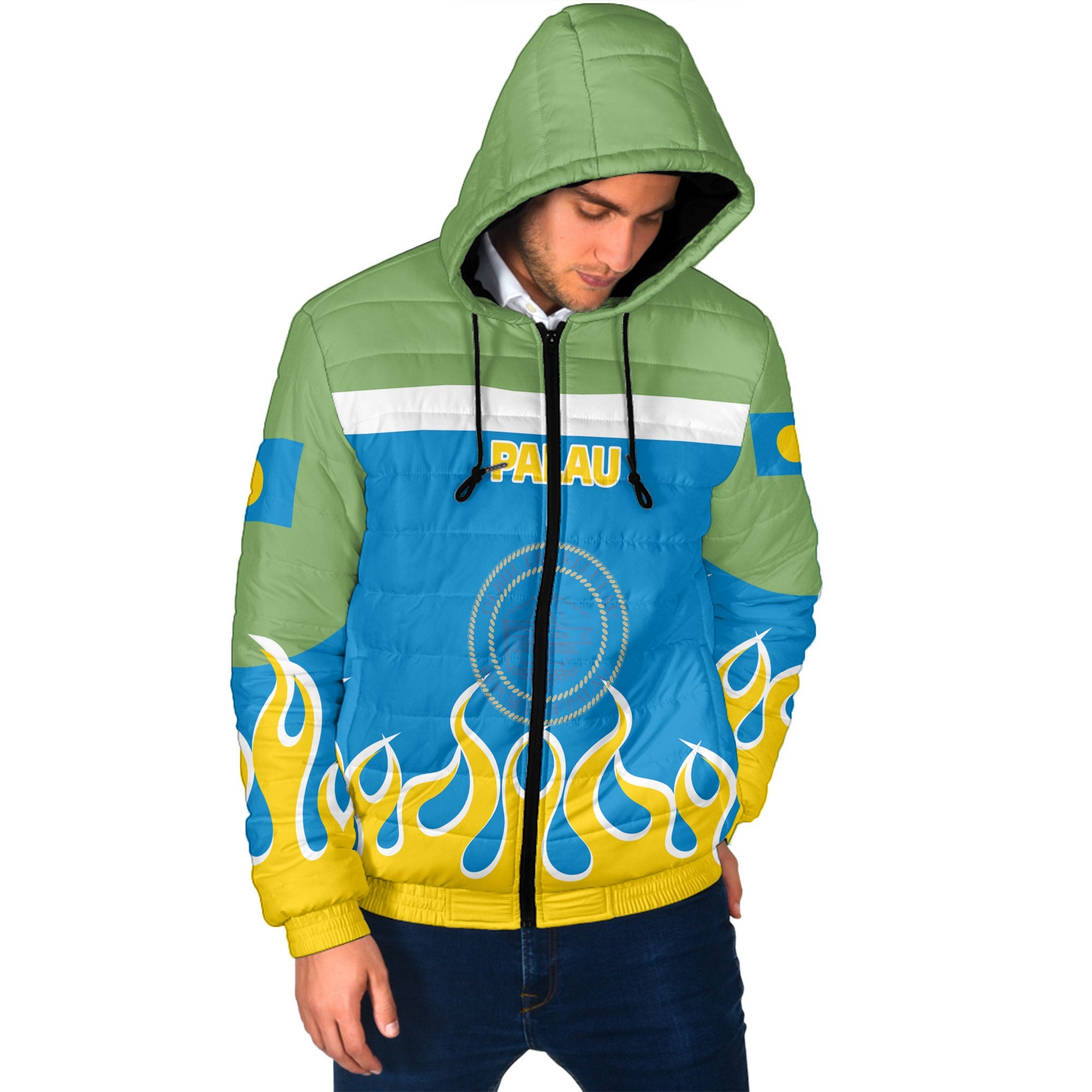 Palau Men Hooded Padded Jacket Flag & Coat Of Arms Fire Hockey Style