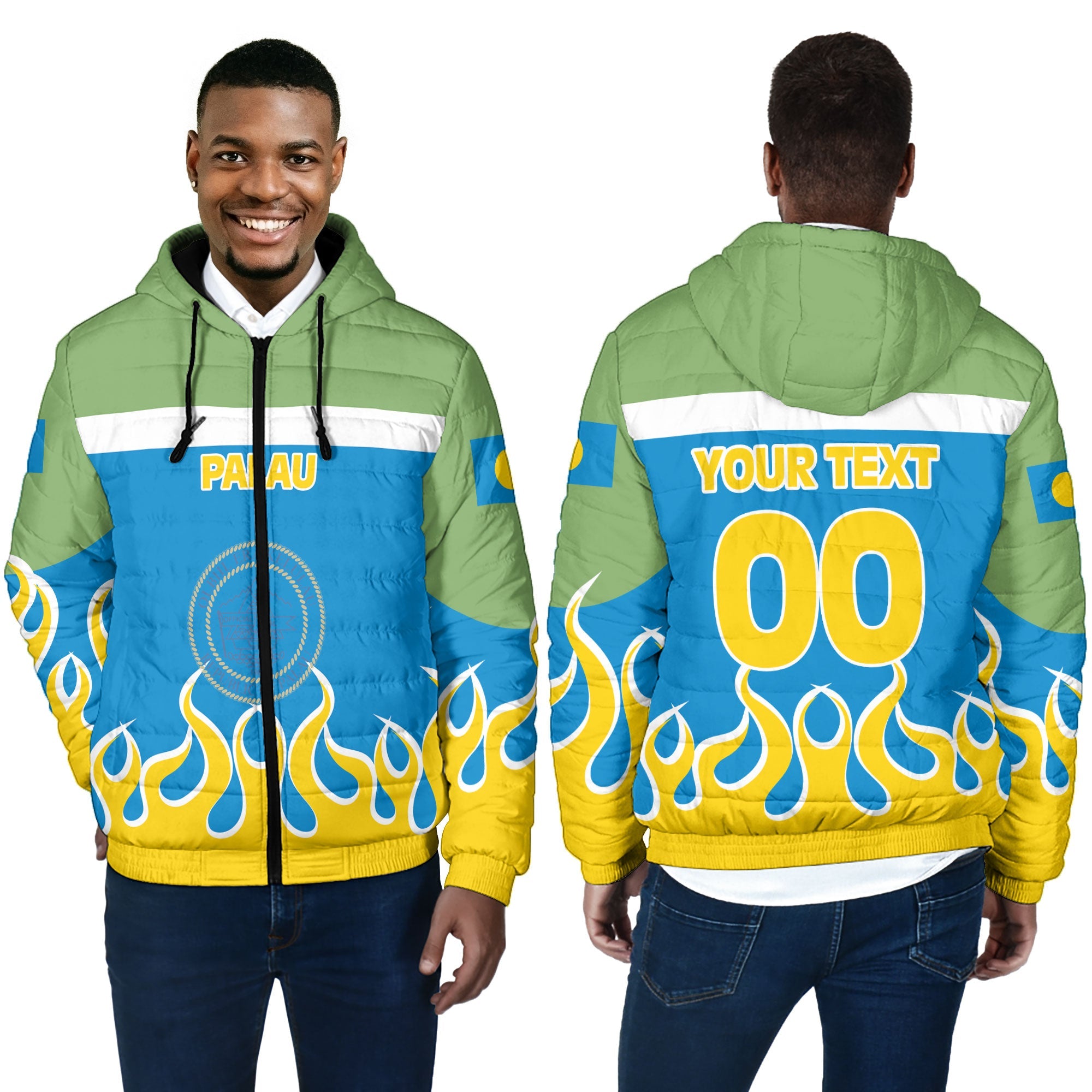 Palau Men Hooded Padded Jacket Flag & Coat Of Arms Fire Hockey Style