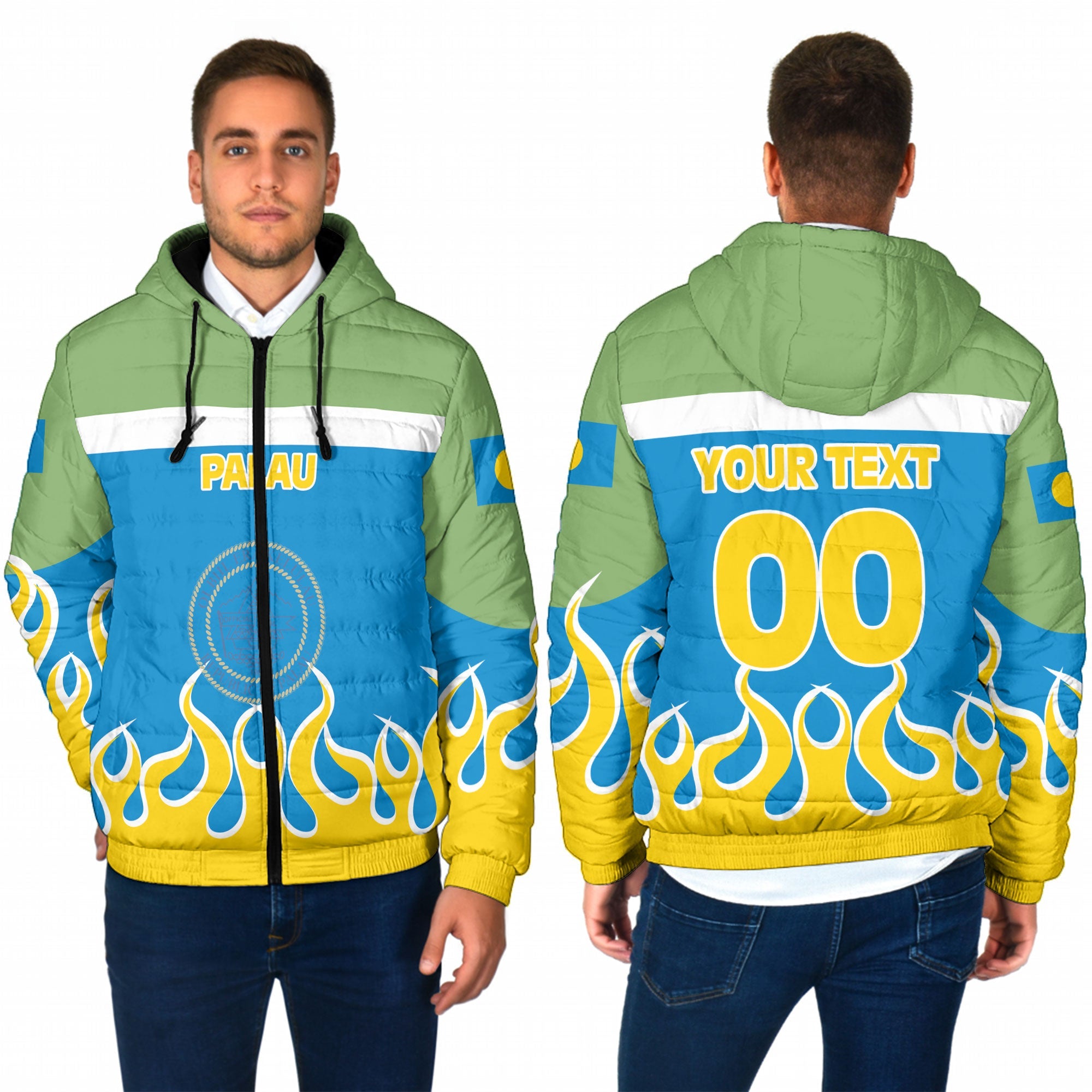 Palau Men Hooded Padded Jacket Flag & Coat Of Arms Fire Hockey Style