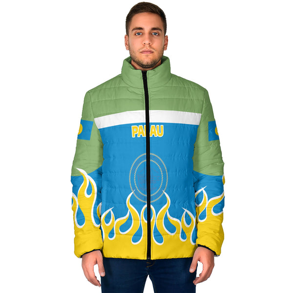 Palau Men Padded Jacket Flag & Coat Of Arms Fire Hockey Style