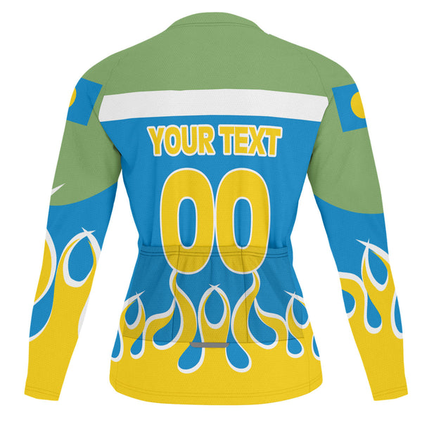 Palau Men's Cycling Jersey Long Sleeve Flag & Coat Of Arms Fire Hockey Style