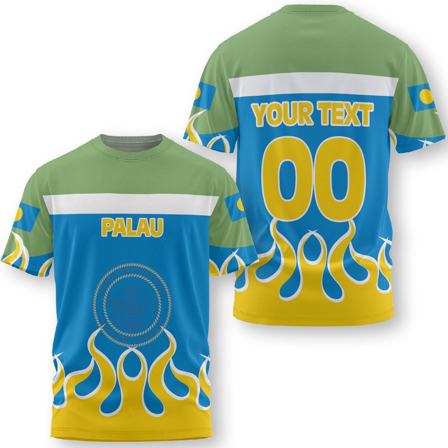 Palau T Shirt Flag & Coat Of Arms Fire Hockey Style