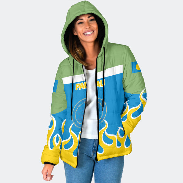 Palau Women Hooded Padded Jacket Flag & Coat Of Arms Fire Hockey Style