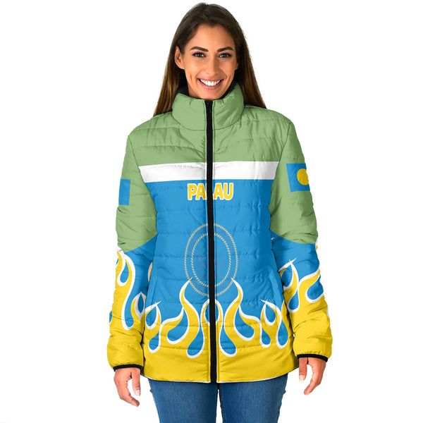 Palau Women Padded Jacket Flag & Coat Of Arms Fire Hockey Style