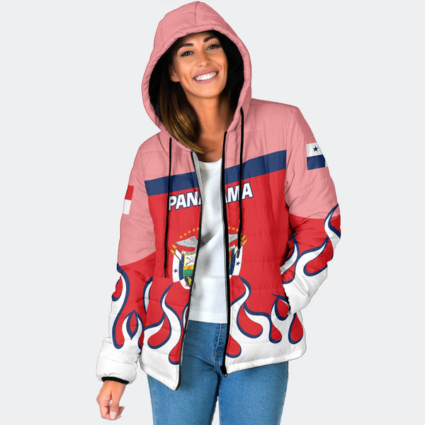 Panama Women Hooded Padded Jacket Flag & Coat Of Arms Fire Hockey Style