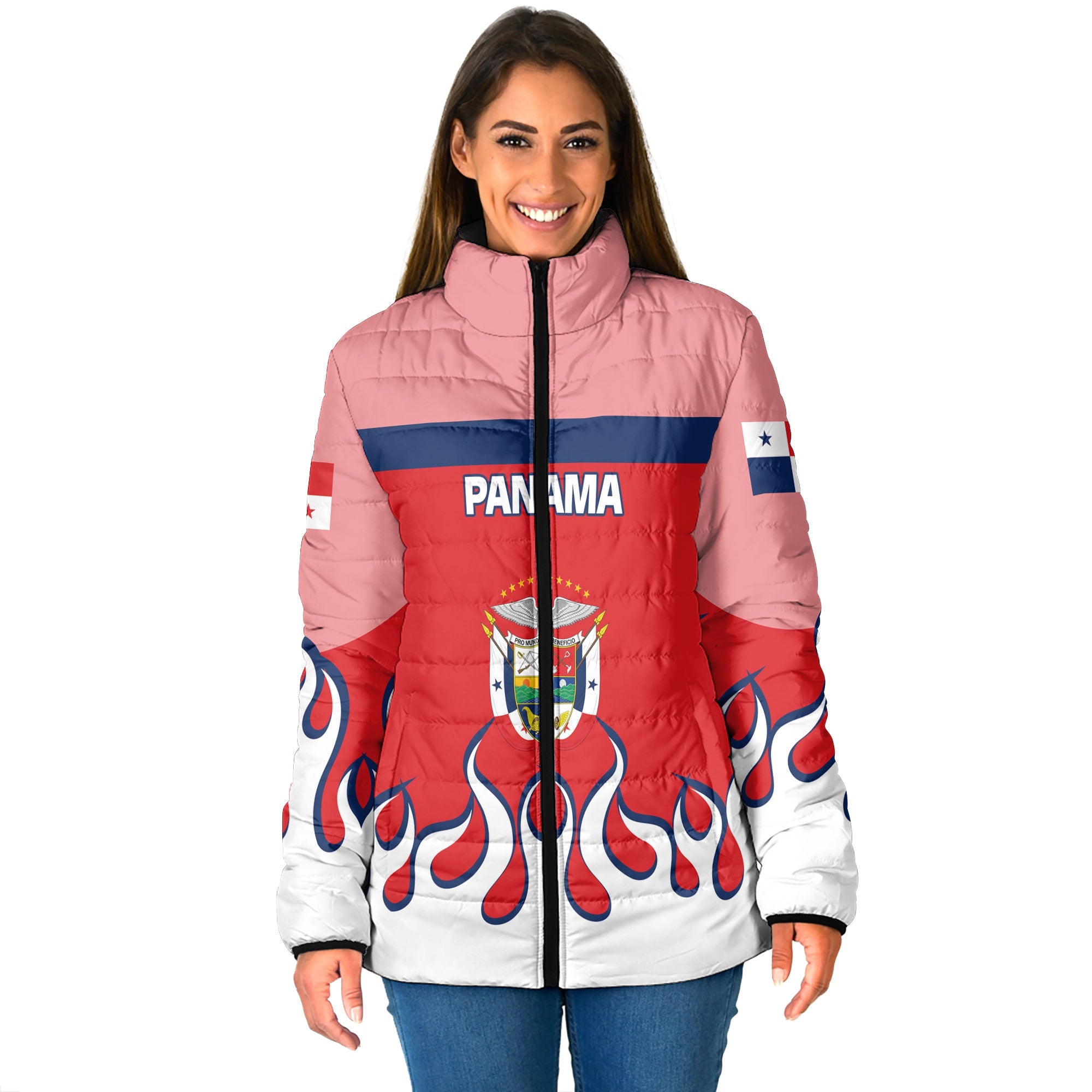 Panama Women Padded Jacket Flag & Coat Of Arms Fire Hockey Style