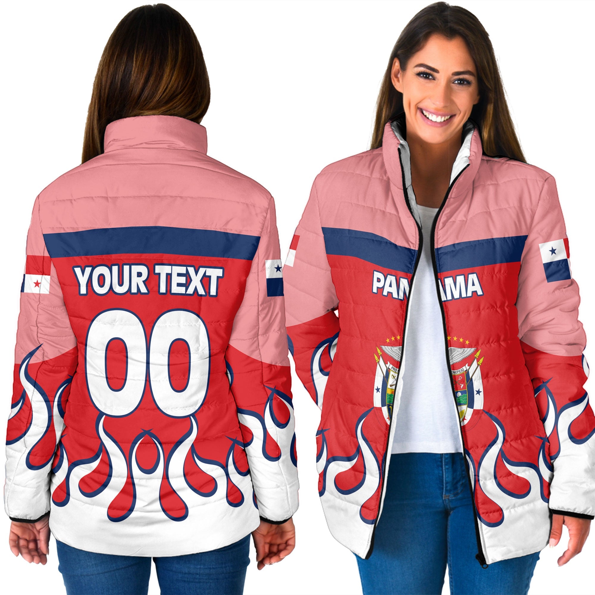 Panama Women Padded Jacket Flag & Coat Of Arms Fire Hockey Style