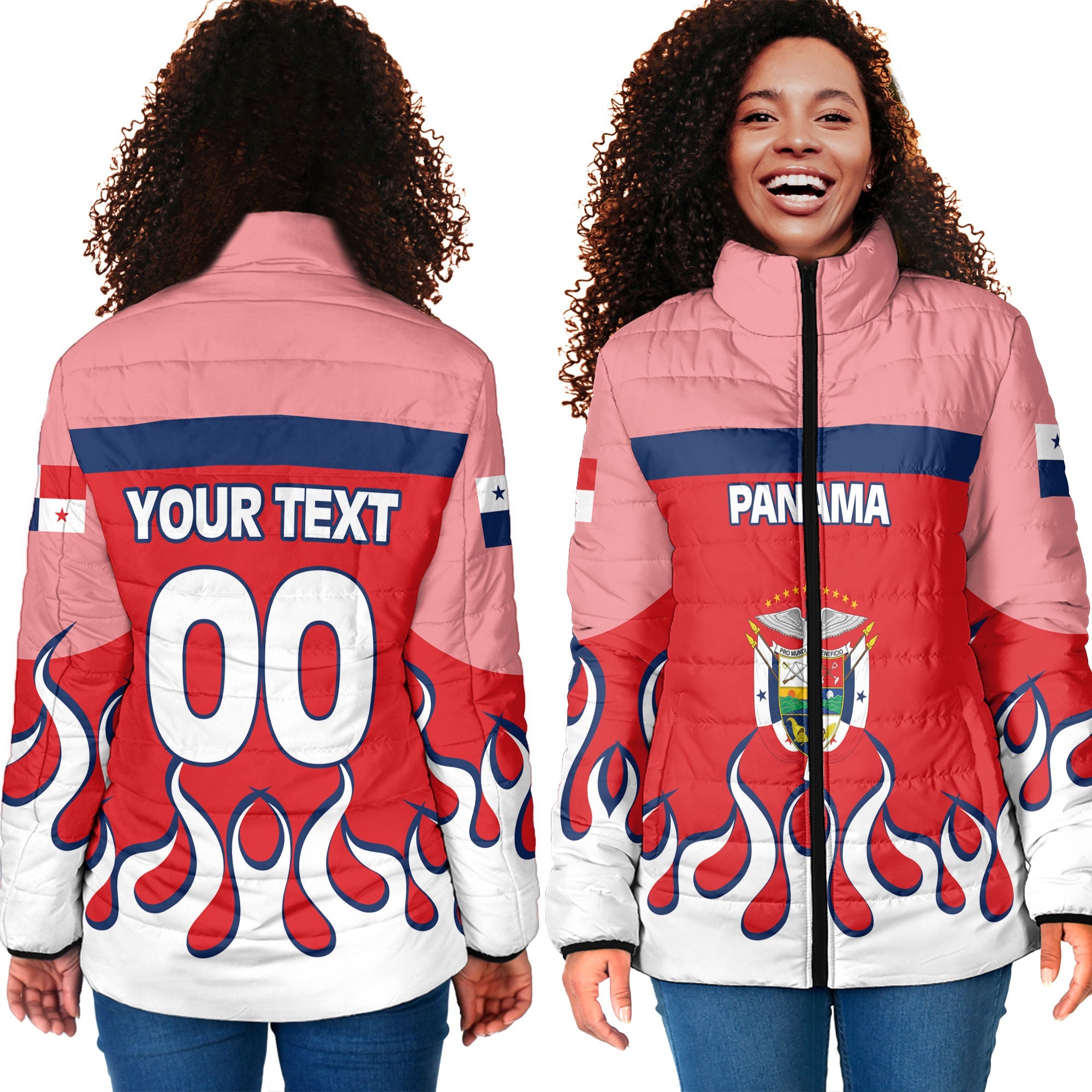 Panama Women Padded Jacket Flag & Coat Of Arms Fire Hockey Style