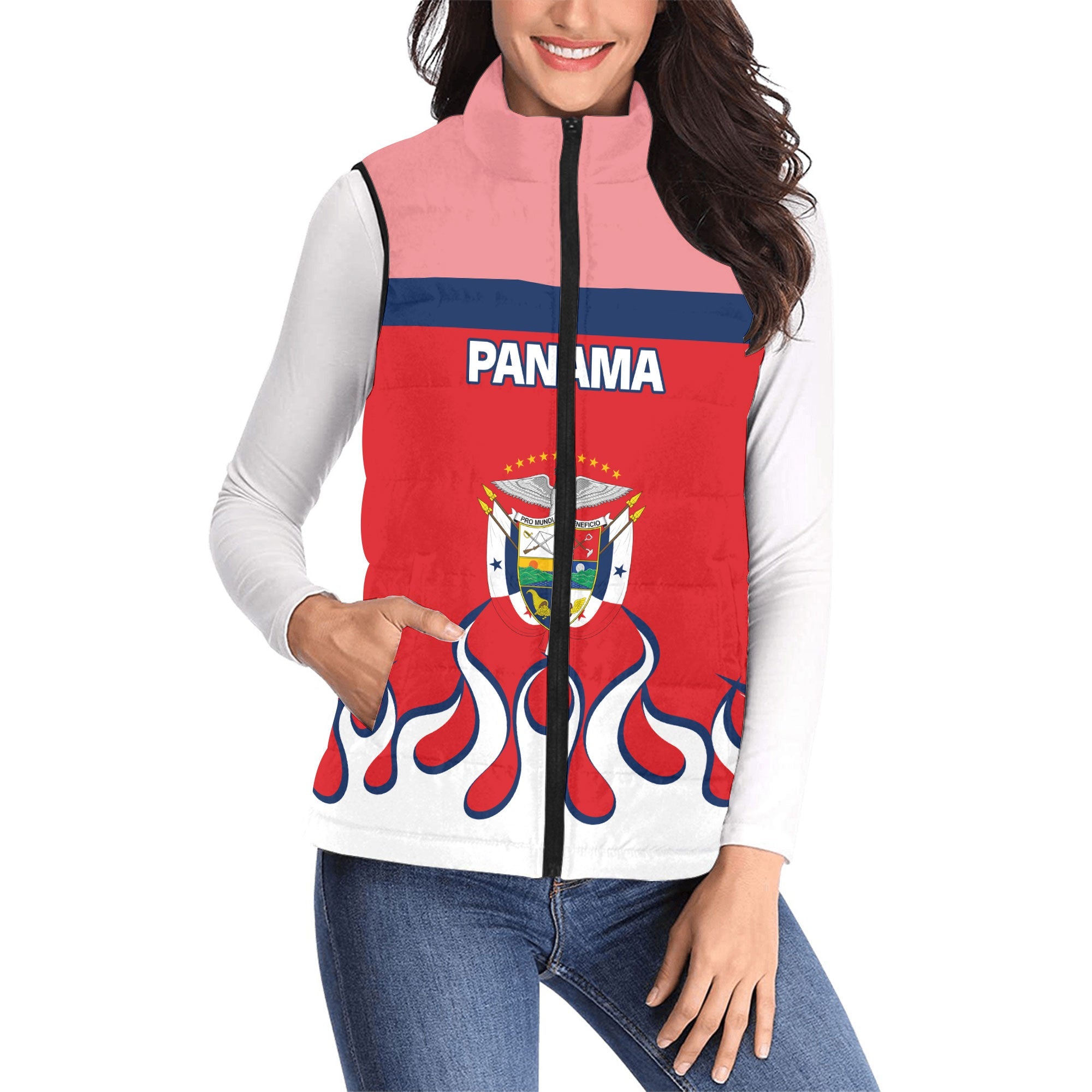 Panama Women Padded Jacket Vest Flag & Coat Of Arms Fire Hockey Style