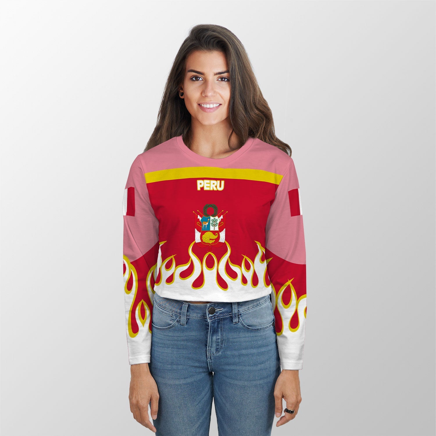 Peru Crop Top Long TShirt Flag & Coat Of Arms Fire Hockey Style