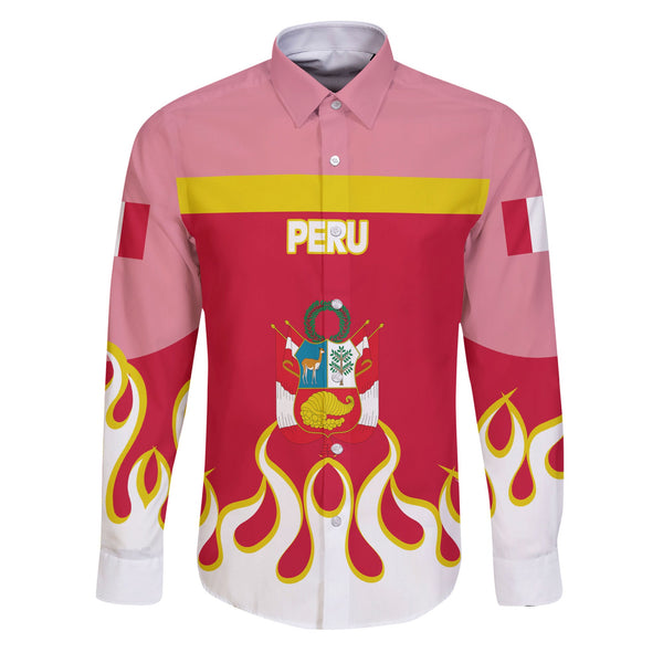 Peru Long Sleeve Button Shirt Flag & Coat Of Arms Fire Hockey Style