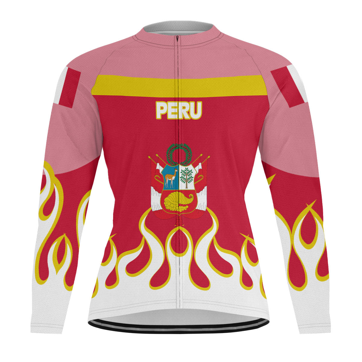 Peru Men's Cycling Jersey Long Sleeve Flag & Coat Of Arms Fire Hockey Style