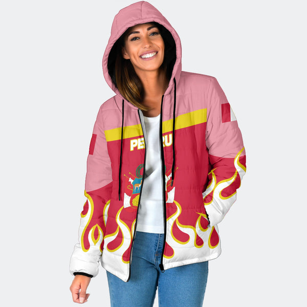 Peru Women Hooded Padded Jacket Flag & Coat Of Arms Fire Hockey Style