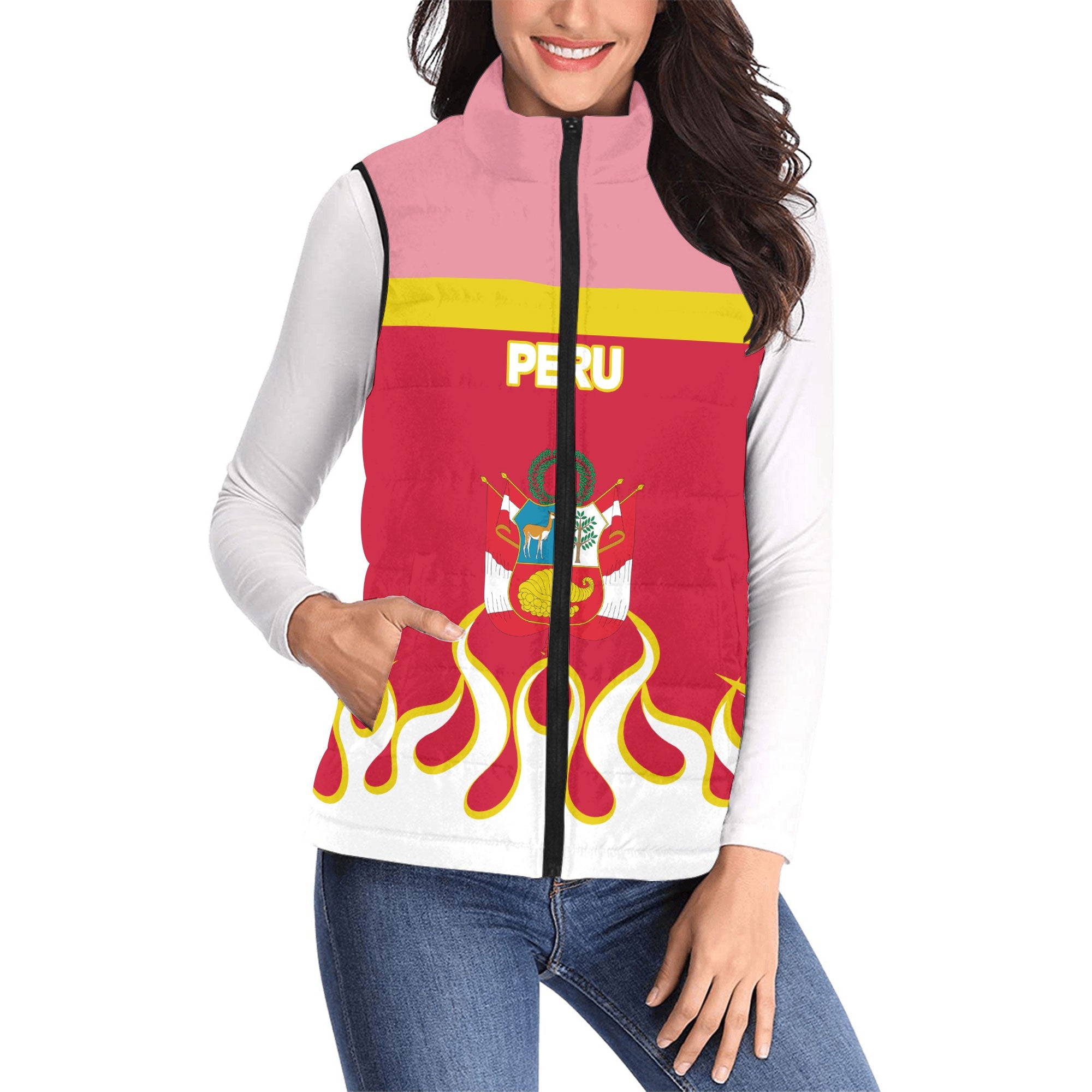 Peru Women Padded Jacket Vest Flag & Coat Of Arms Fire Hockey Style