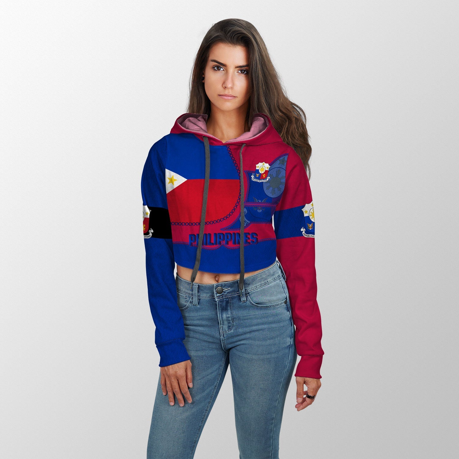 Philippines Crop Hoodie Flag & Coat Of Arms Leather Style