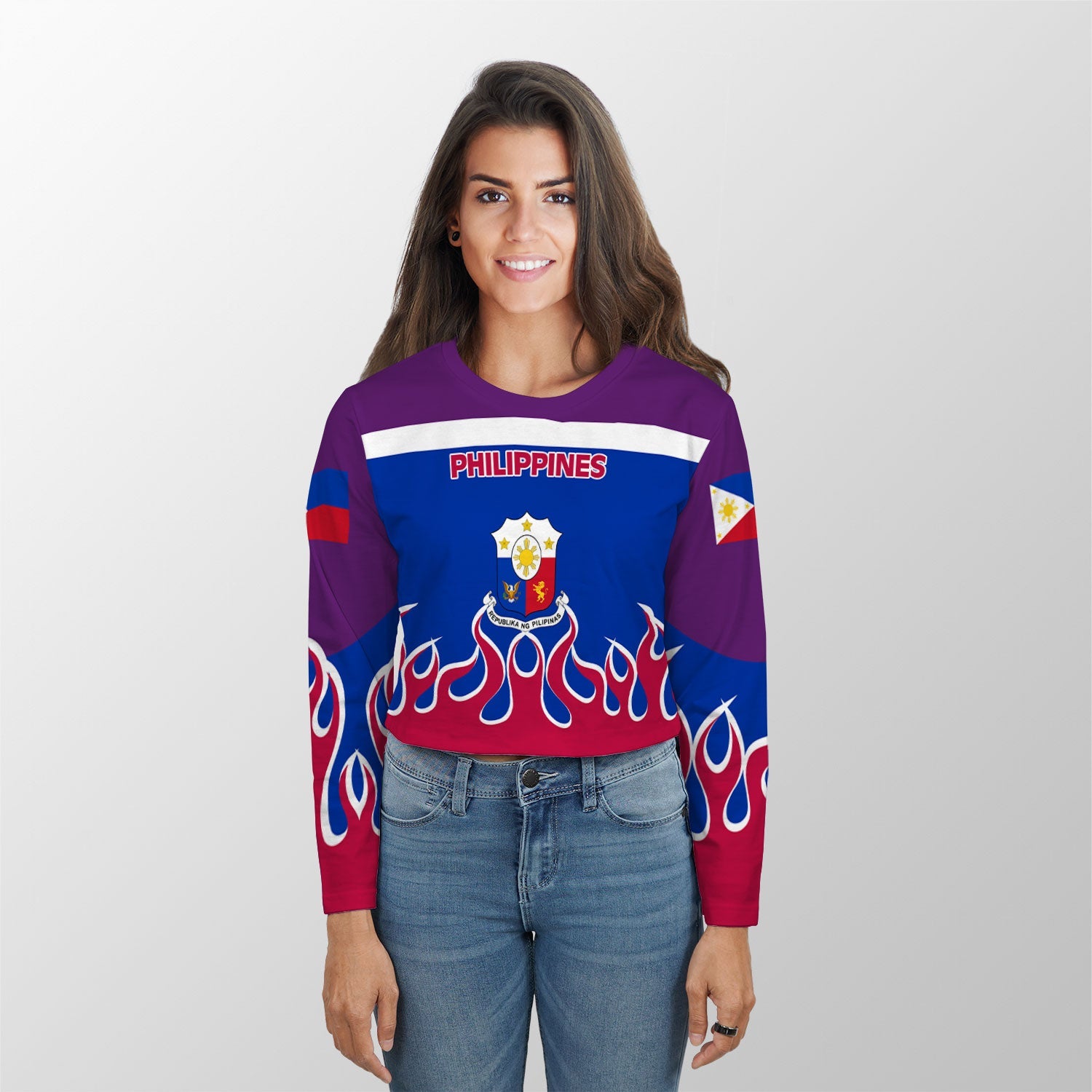 Philippines Crop Top Long TShirt Flag & Coat Of Arms Fire Hockey Style