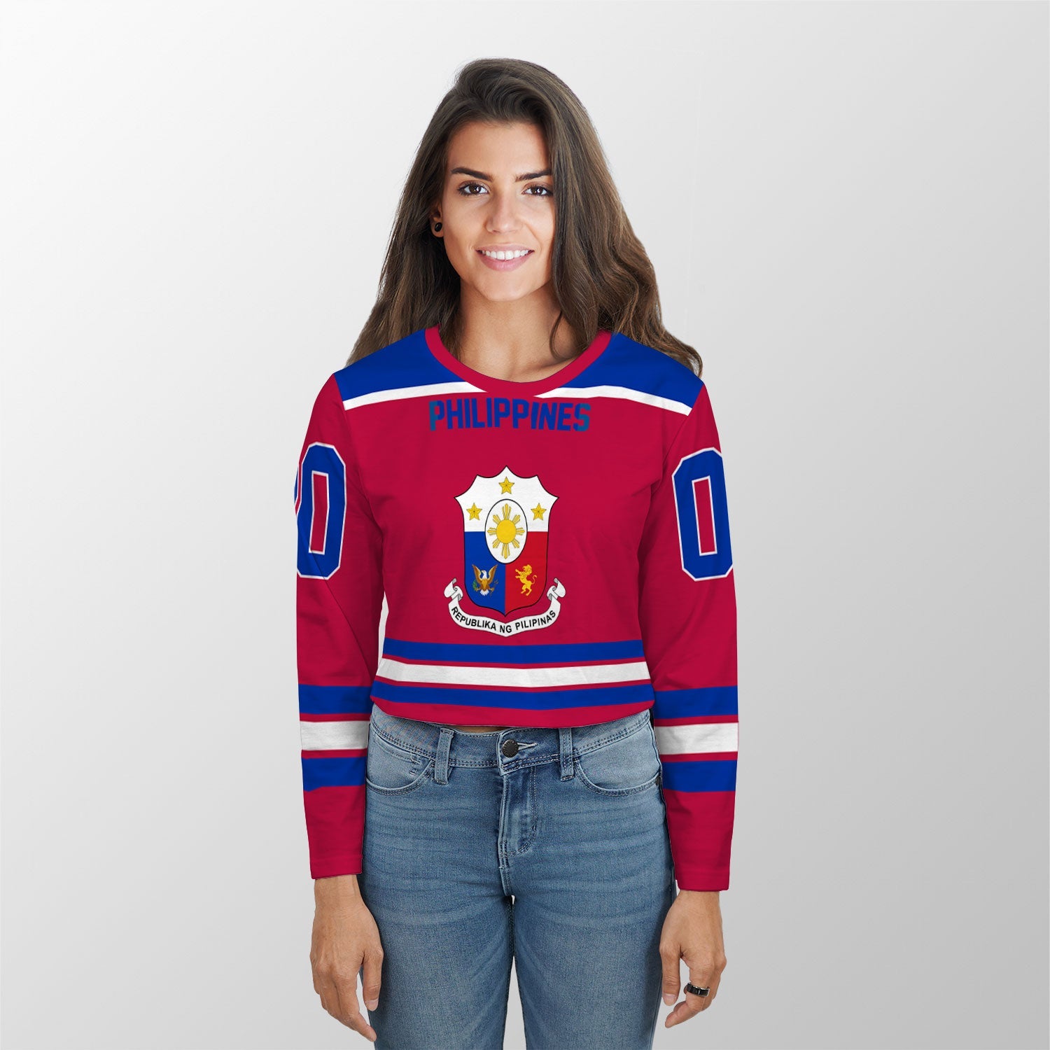 Philippines Crop Top Long T Shirt Flag & Coat Of Arms Hockey Style