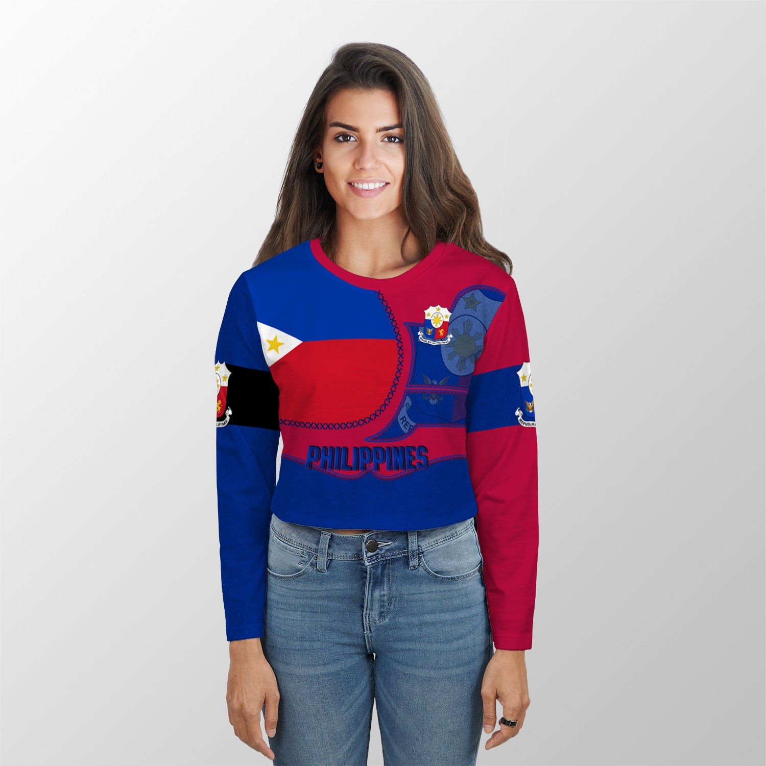 Philippines Crop Top Long T Shirt Flag & Coat Of Arms Leather Style