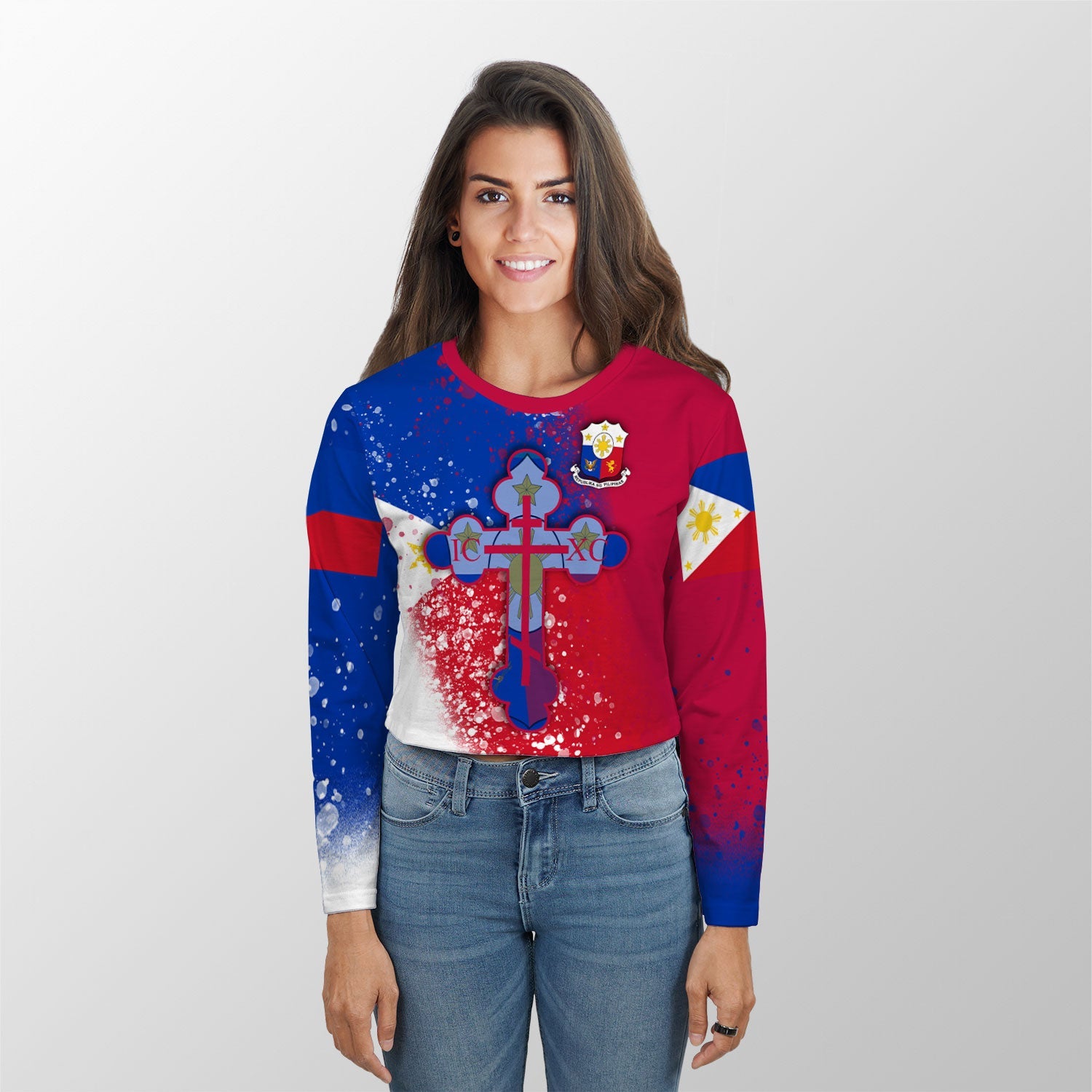 Philippines Crop Top Long TShirt Flag & Coat Of Arms Orthodox Style