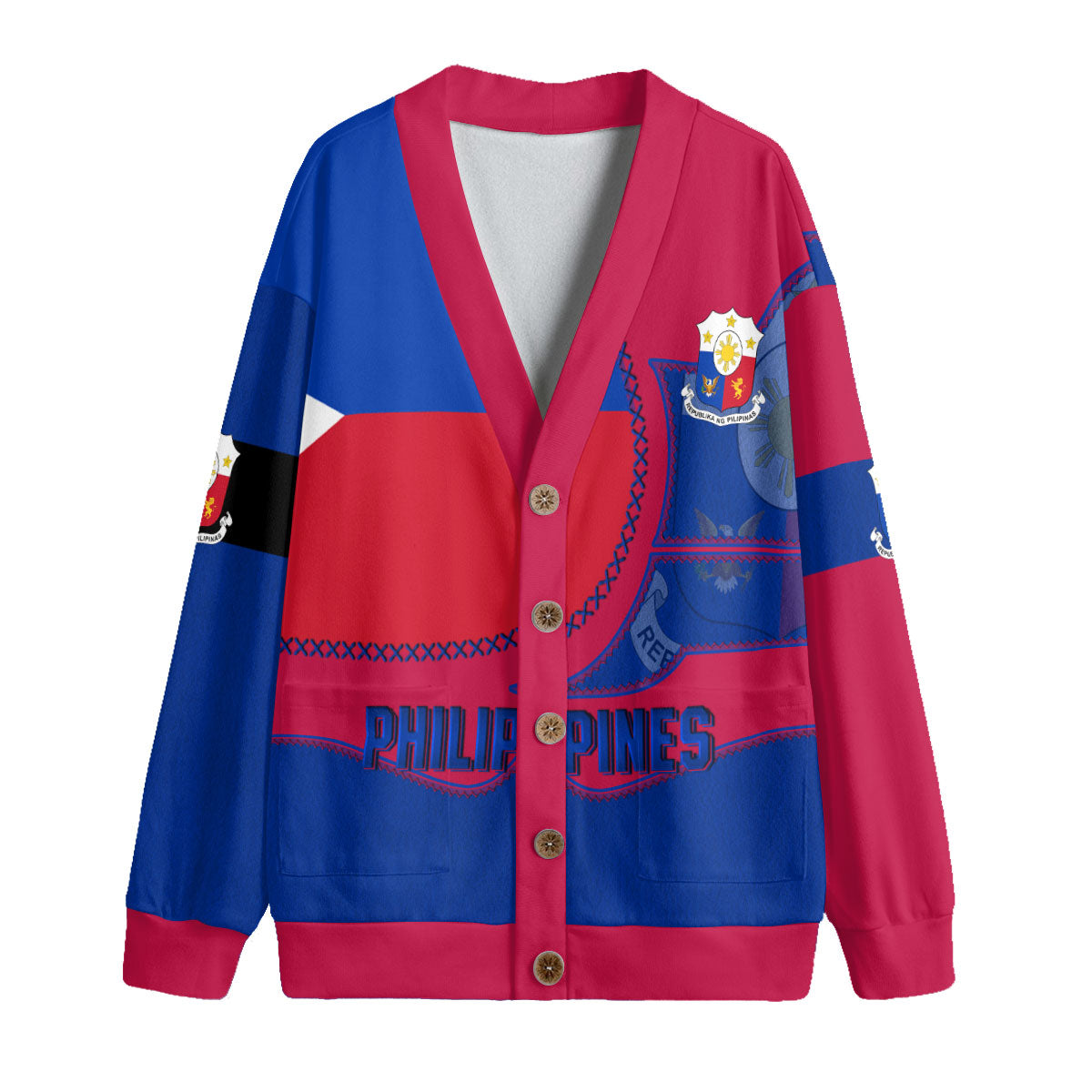 Philippines Fleece Cardigan Flag & Coat Of Arms Leather Style