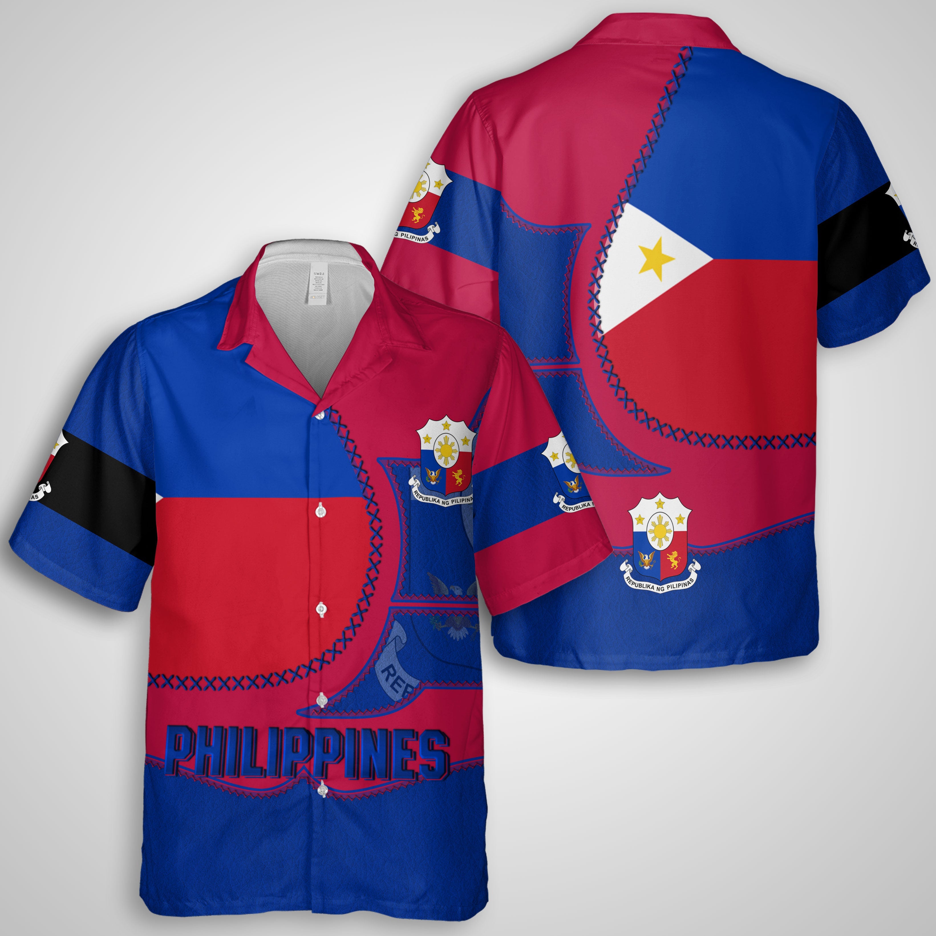 Philippines Hawaiian Shirt Flag & Coat Of Arms Leather Style