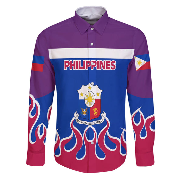 Philippines Long Sleeve Button Shirt Flag & Coat Of Arms Fire Hockey Style