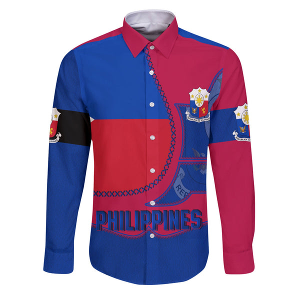 Philippines Long Sleeve Button Shirt Flag & Coat Of Arms Leather Style