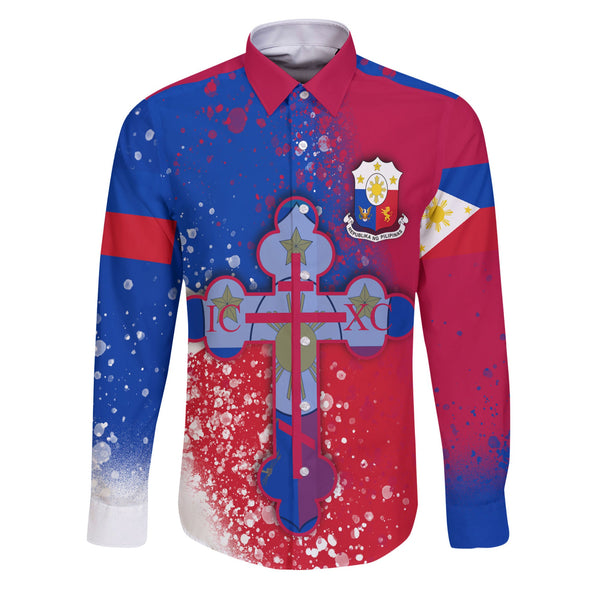 Philippines Long Sleeve Button Shirt Flag & Coat Of Arms Orthodox Style