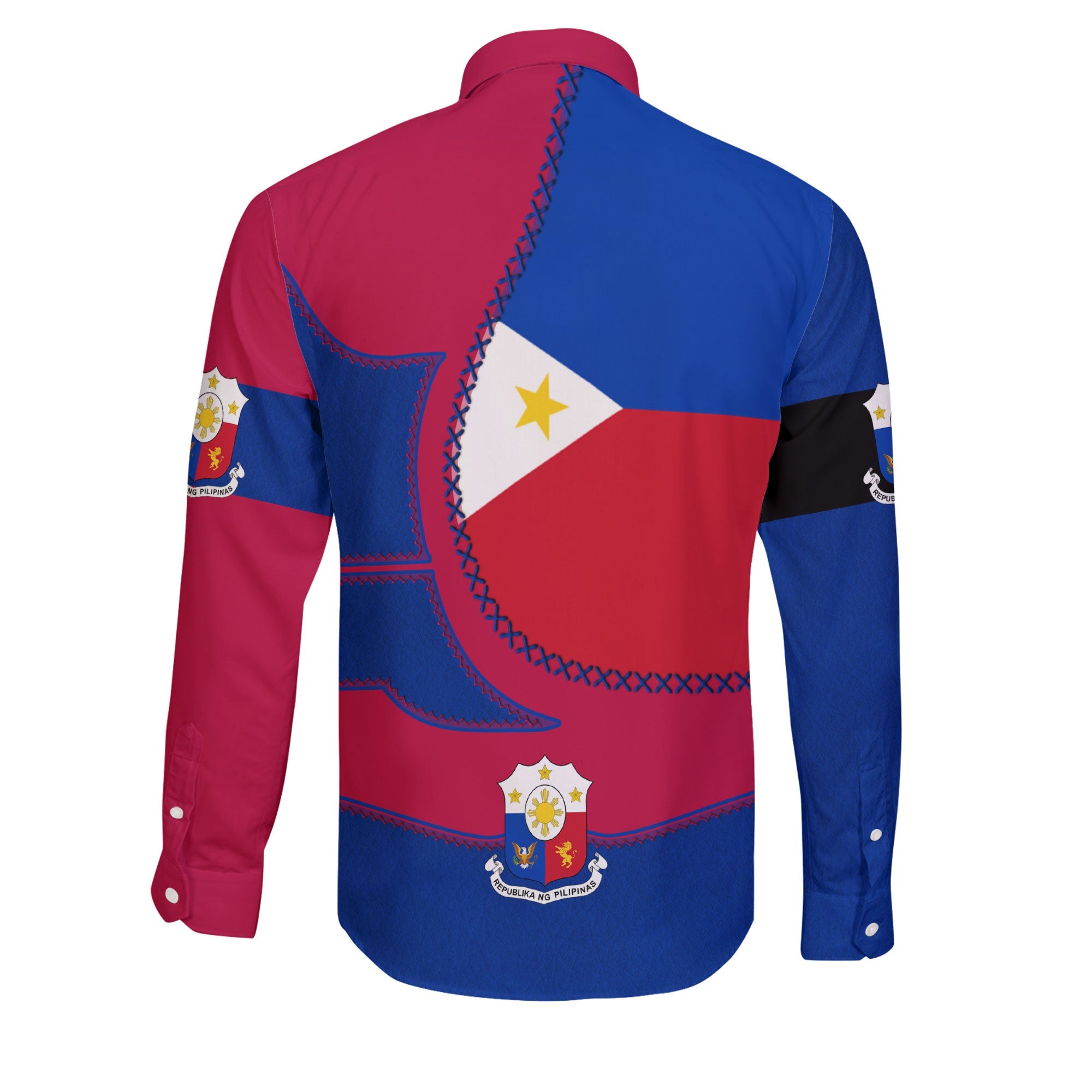 Philippines Long Sleeve Button Shirt Flag & Coat Of Arms Leather Style