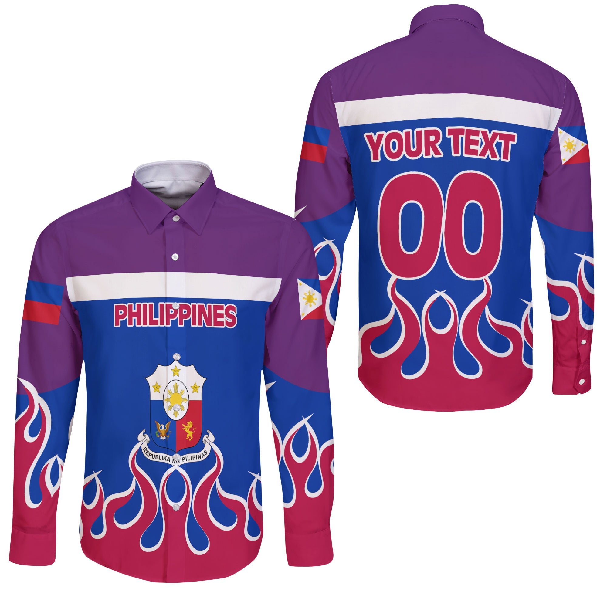 Philippines Long Sleeve Button Shirt Flag & Coat Of Arms Fire Hockey Style