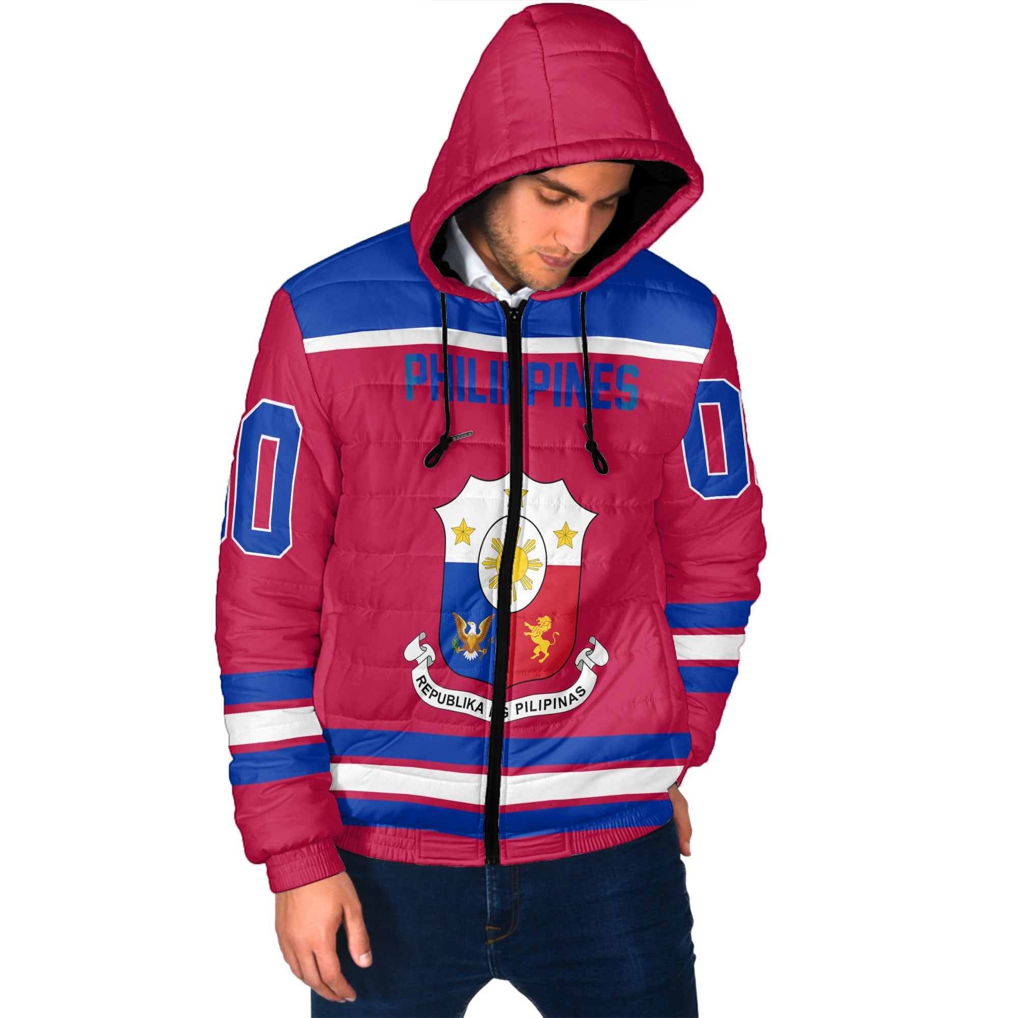 Philippines Men Hooded Padded Jacket Flag & Coat Of Arms Hockey Style