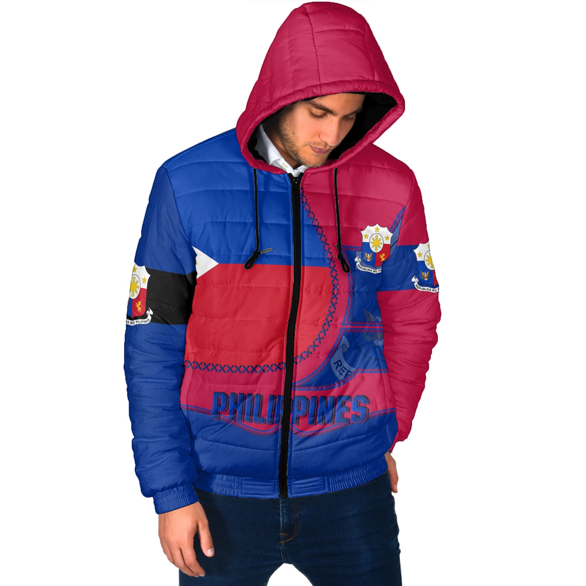 Philippines Men Hooded Padded Jacket Flag & Coat Of Arms Leather Style