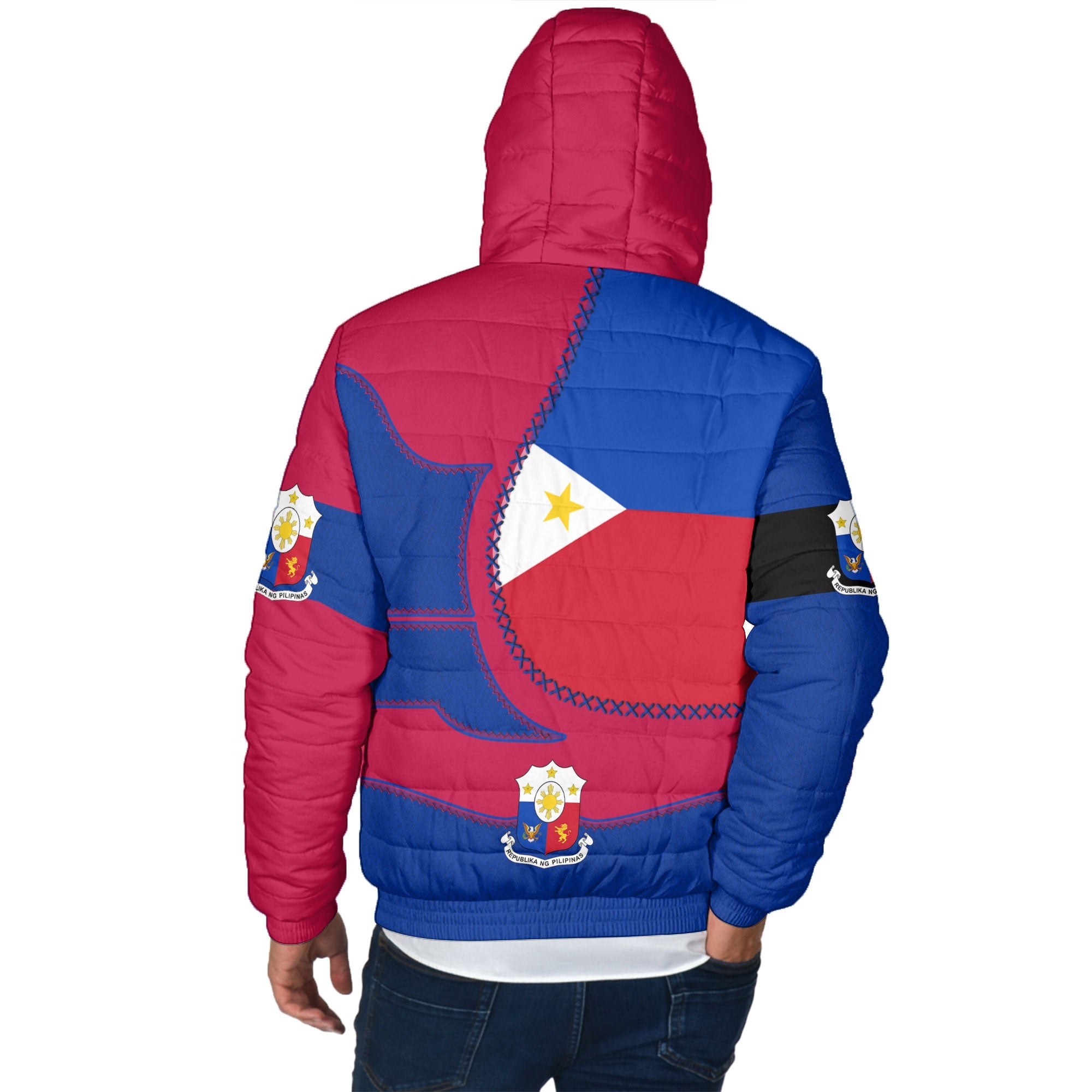 Philippines Men Hooded Padded Jacket Flag & Coat Of Arms Leather Style