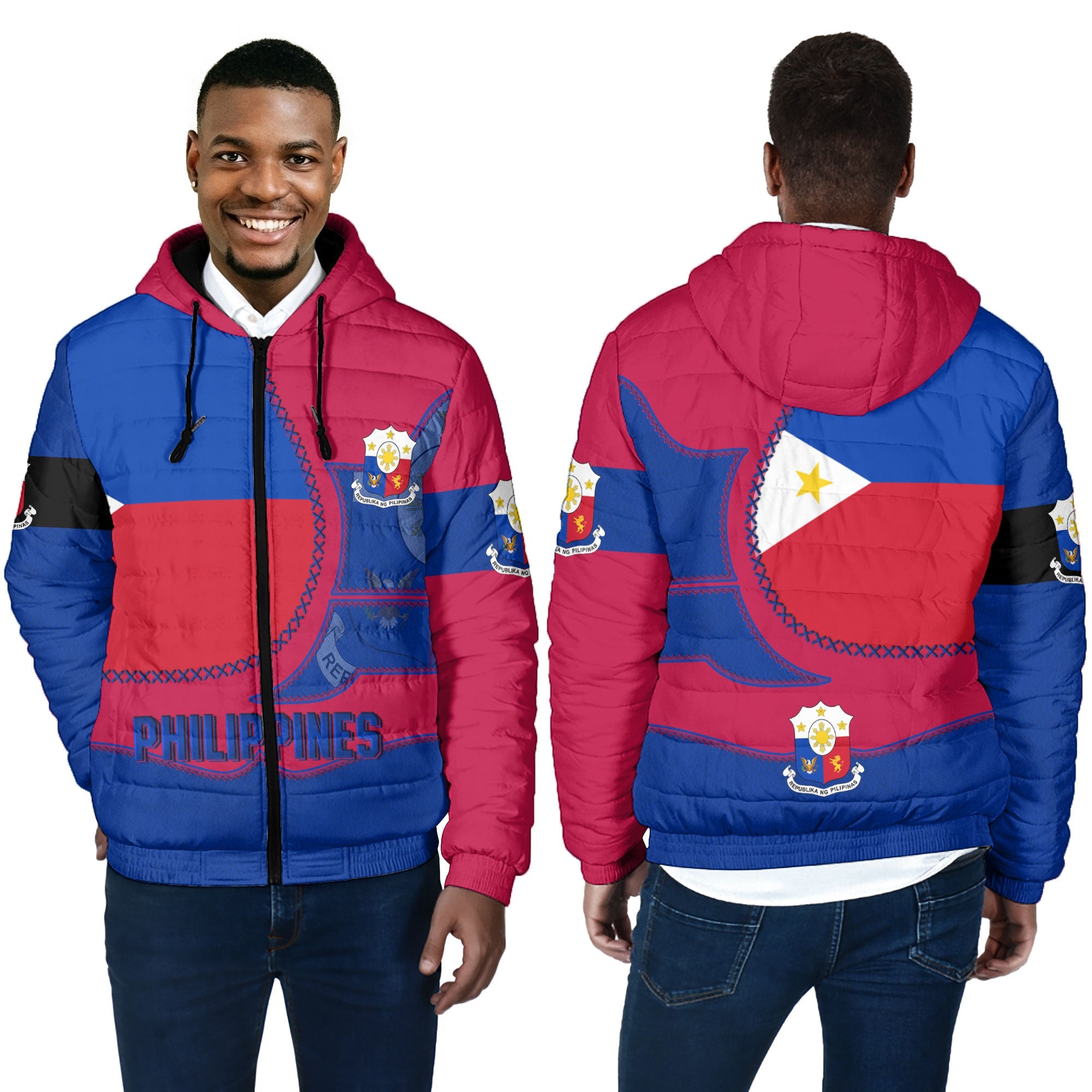 Philippines Men Hooded Padded Jacket Flag & Coat Of Arms Leather Style