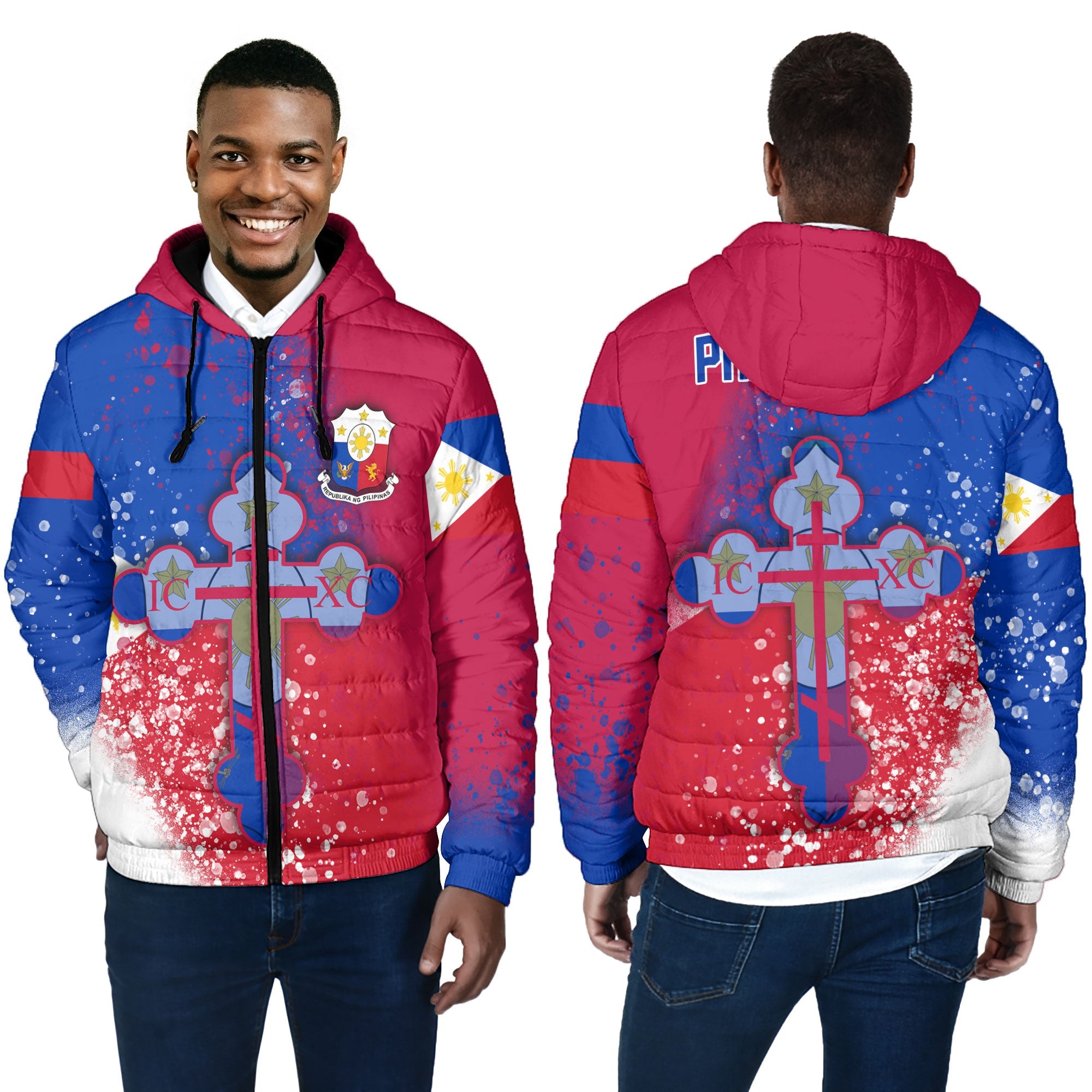 Philippines Men Hooded Padded Jacket Flag & Coat Of Arms Orthodox Style