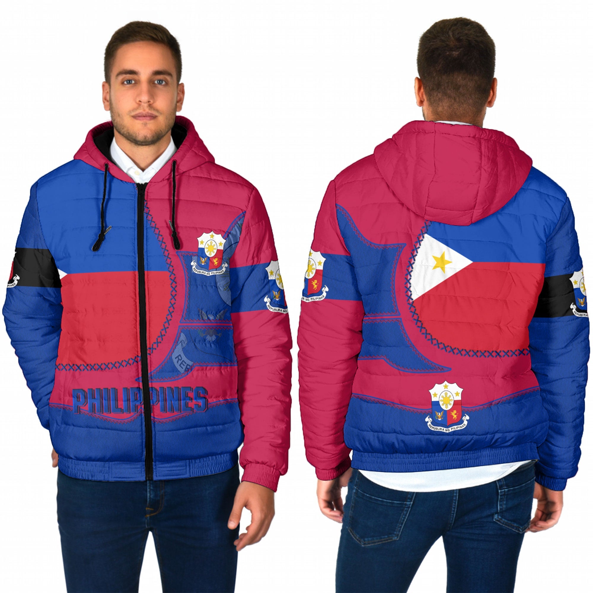 Philippines Men Hooded Padded Jacket Flag & Coat Of Arms Leather Style