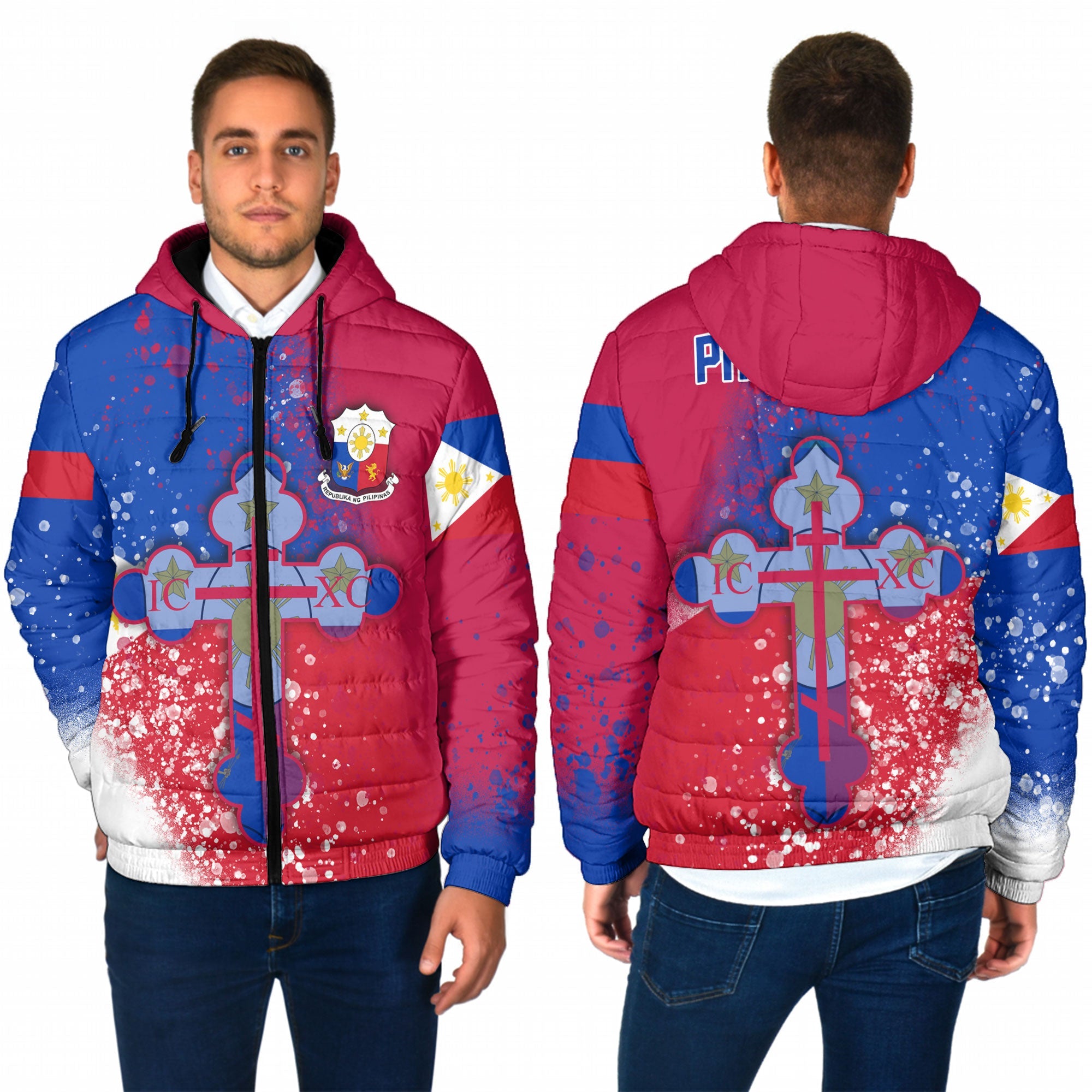 Philippines Men Hooded Padded Jacket Flag & Coat Of Arms Orthodox Style