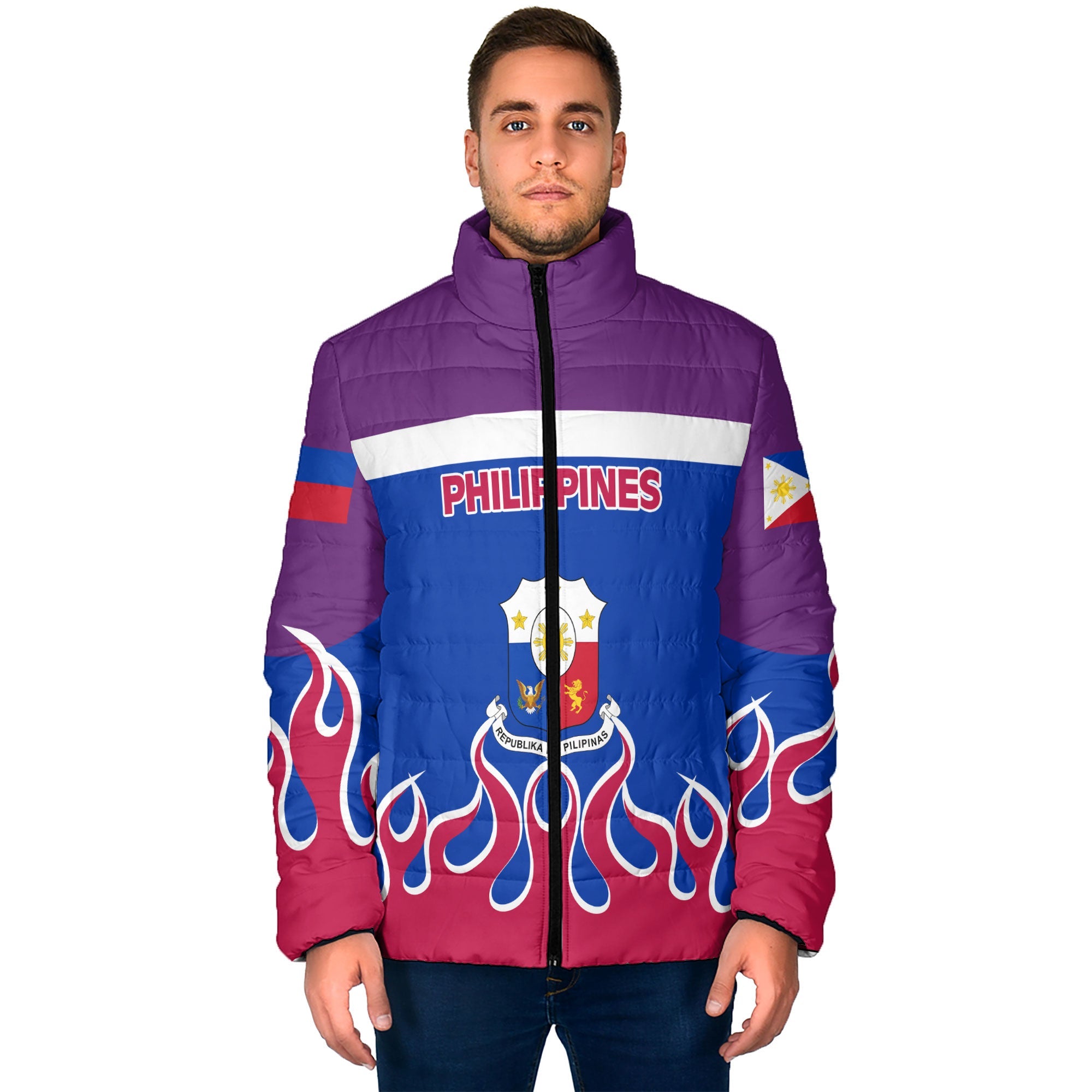 Philippines Men Padded Jacket Flag & Coat Of Arms Fire Hockey Style