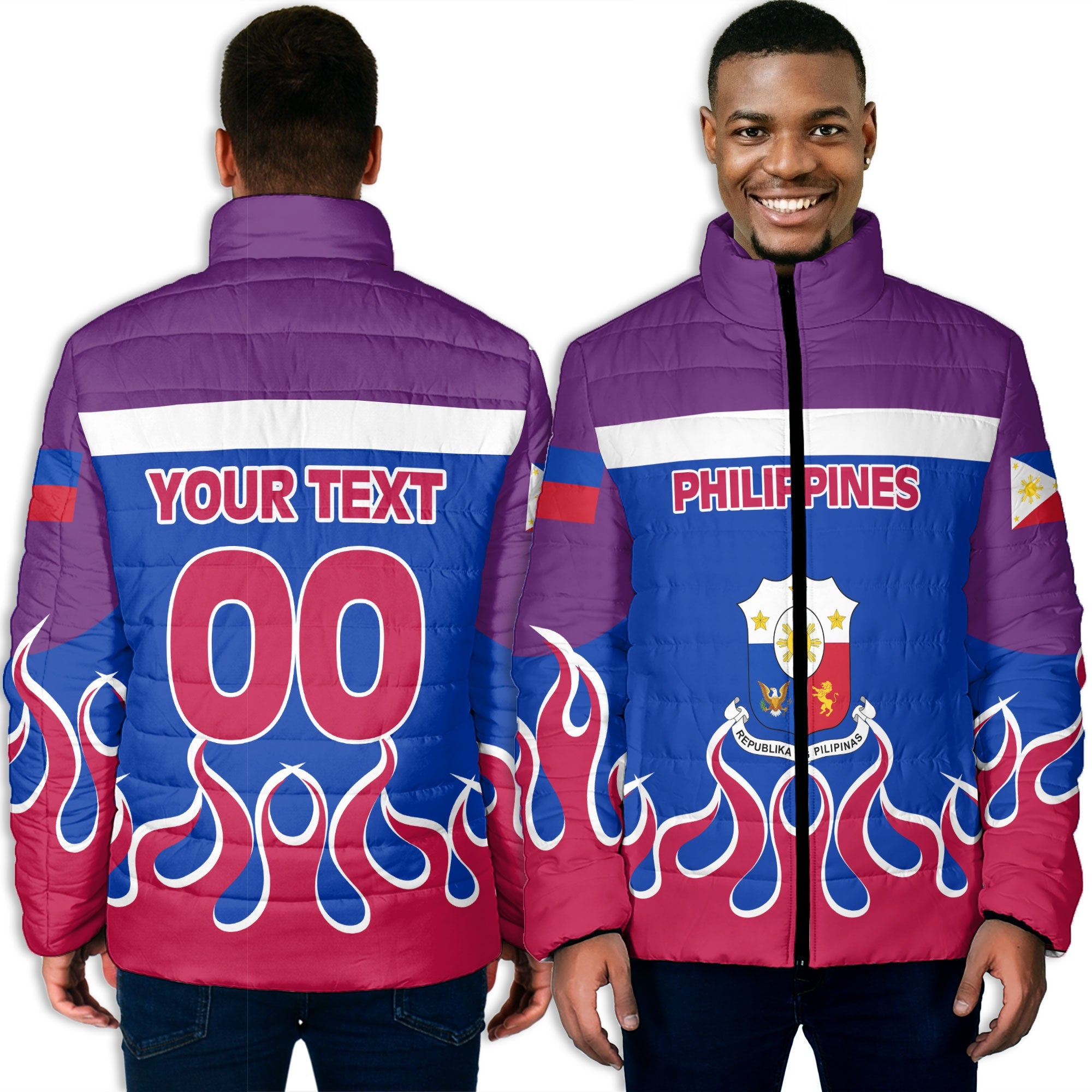 Philippines Men Padded Jacket Flag & Coat Of Arms Fire Hockey Style