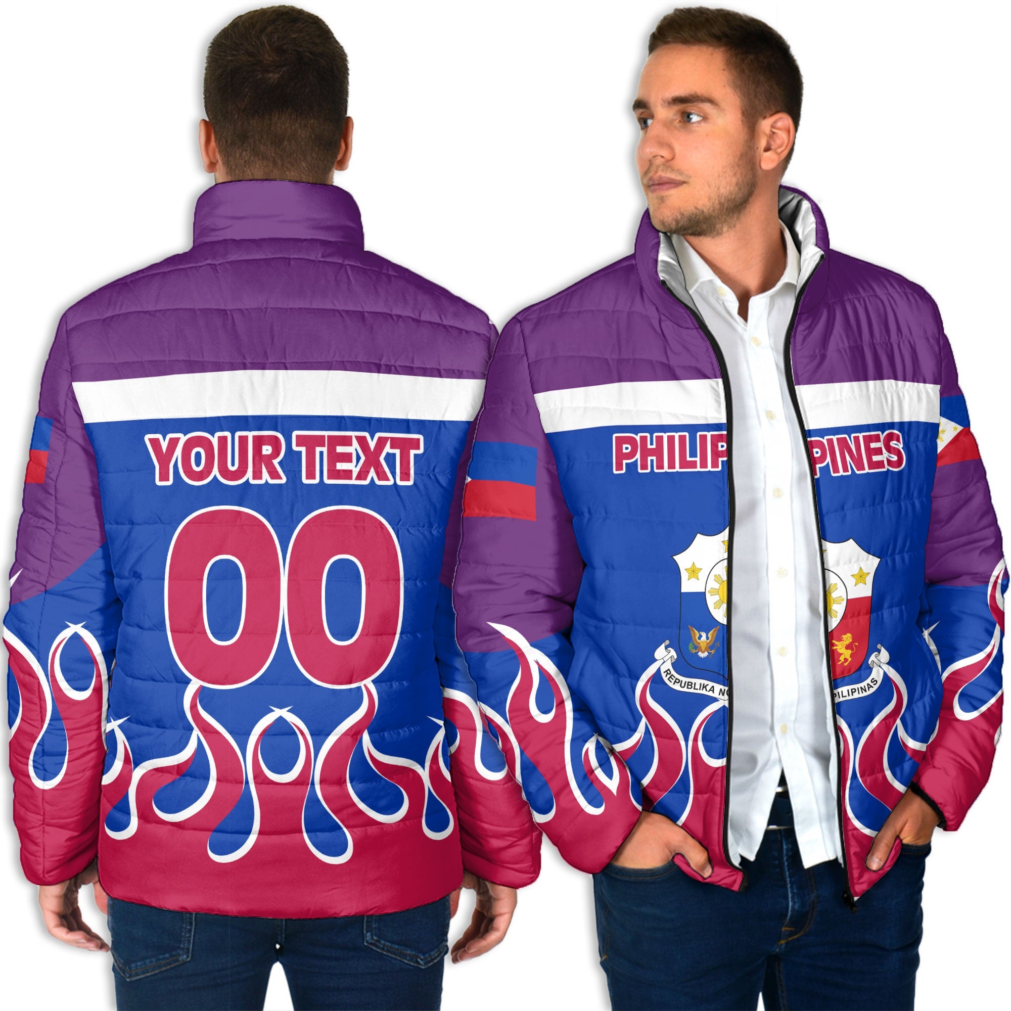 Philippines Men Padded Jacket Flag & Coat Of Arms Fire Hockey Style