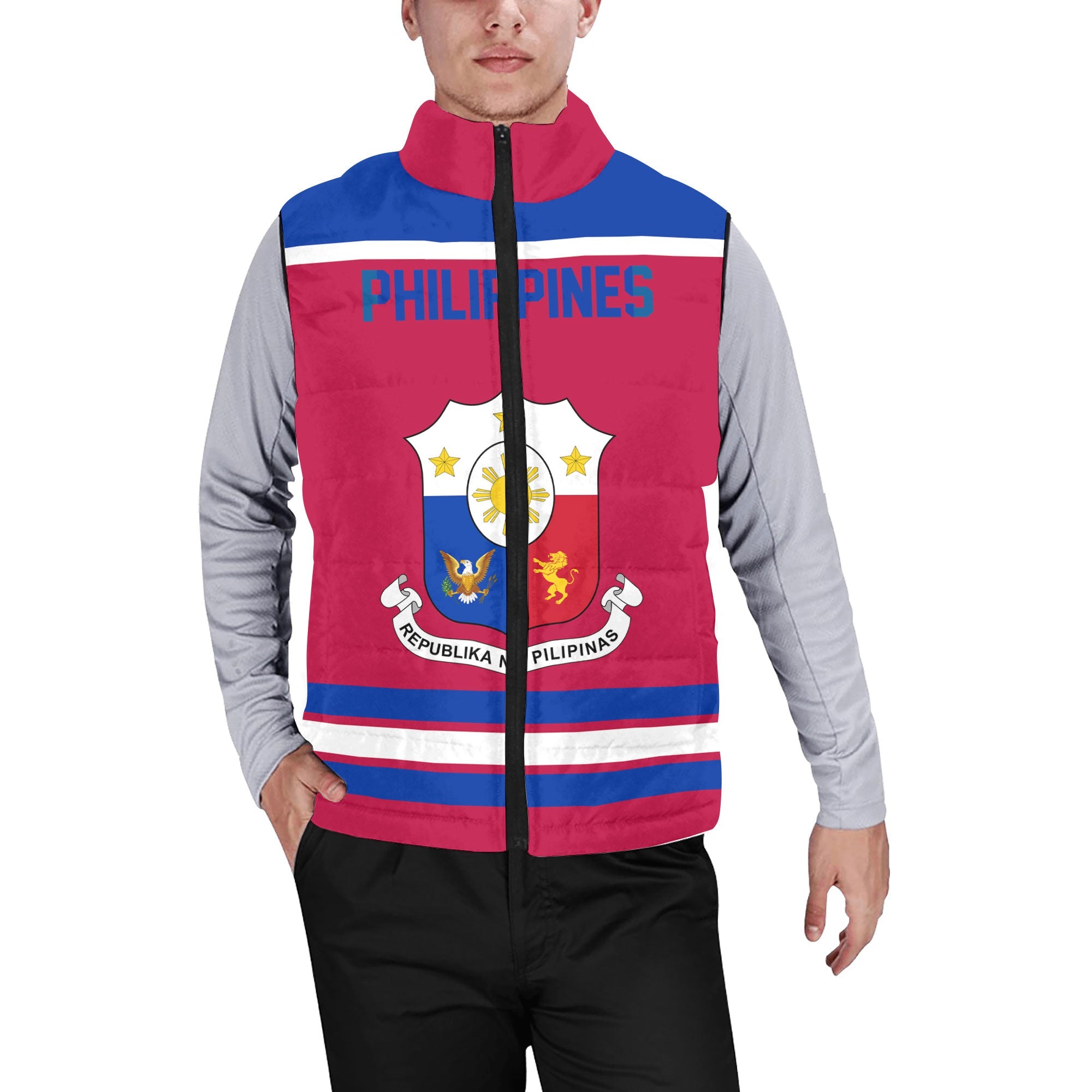 Philippines Men Padded Jacket Vest Flag & Coat Of Arms Hockey Style