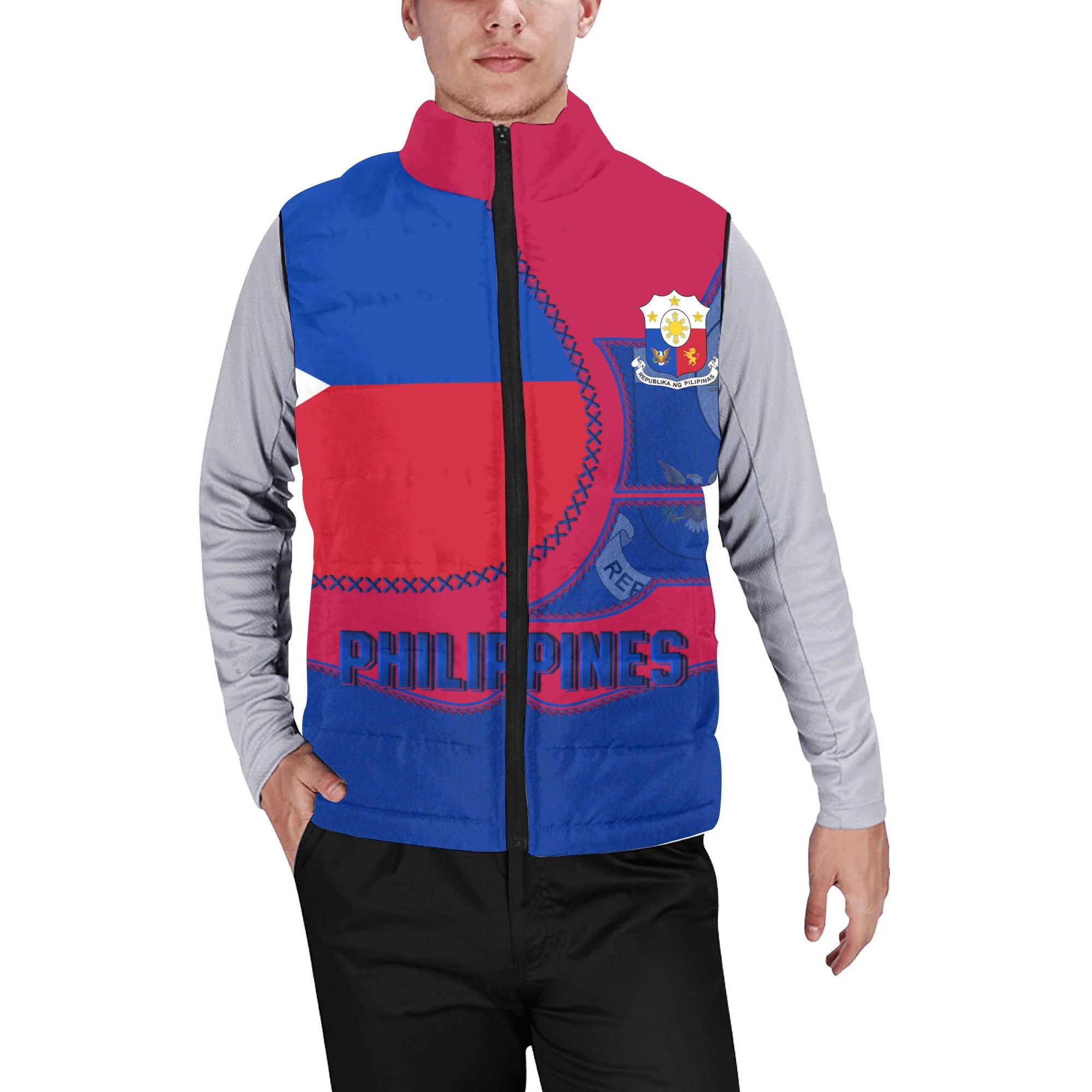 Philippines Men Padded Jacket Vest Flag & Coat Of Arms Leather Style